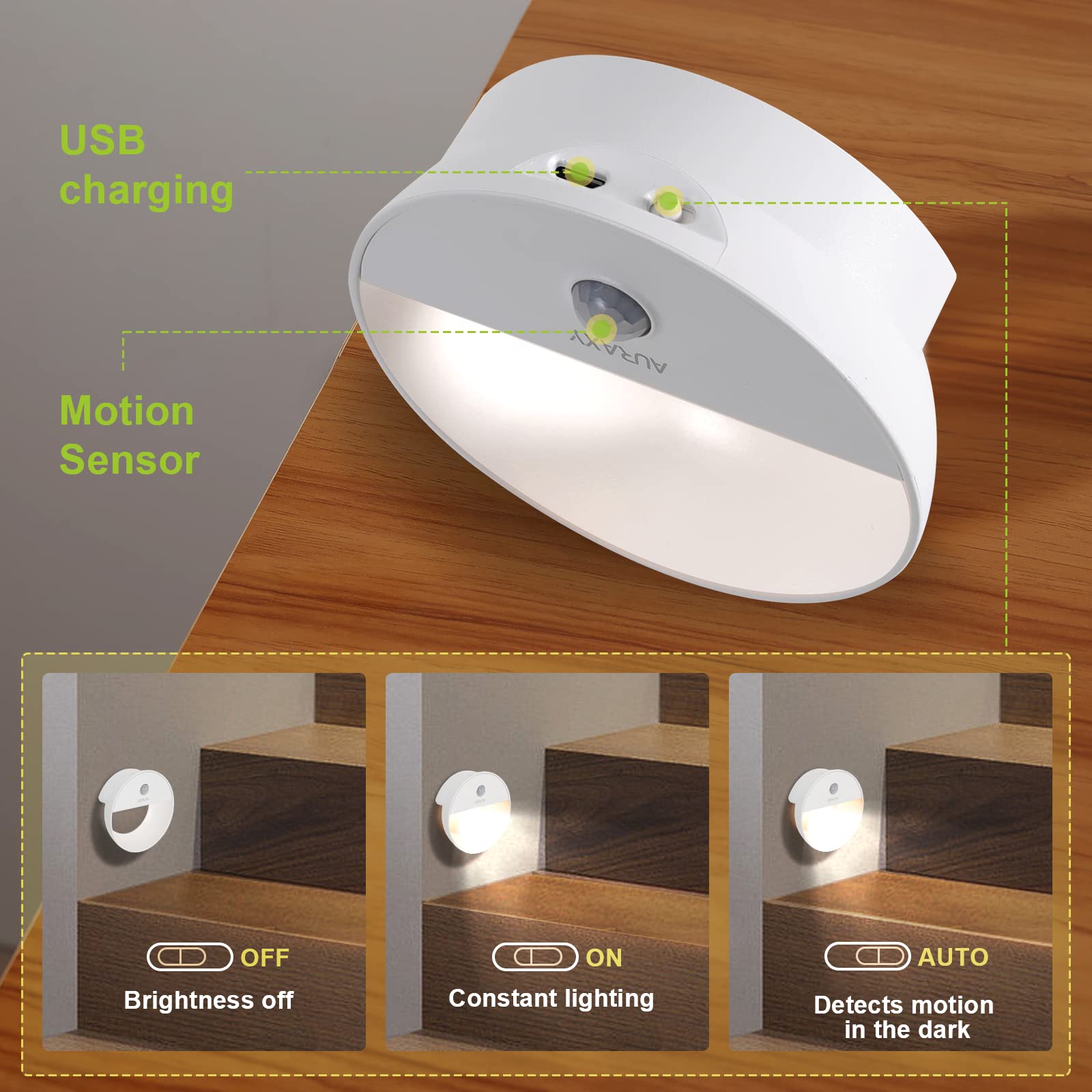 Auraxy Rechargeable Motion Sensor Night Light, Battery Night Lights Led Cool White Magnetic Stick-On Motion Sensored Hallway Lig