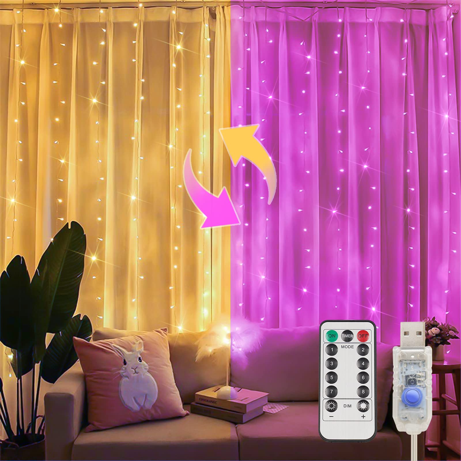 suddus Color Changing Curtain Lights, 200 LED, 6.5ft x 6.5ft, USB, Plastic, Warm White & Fuchsia