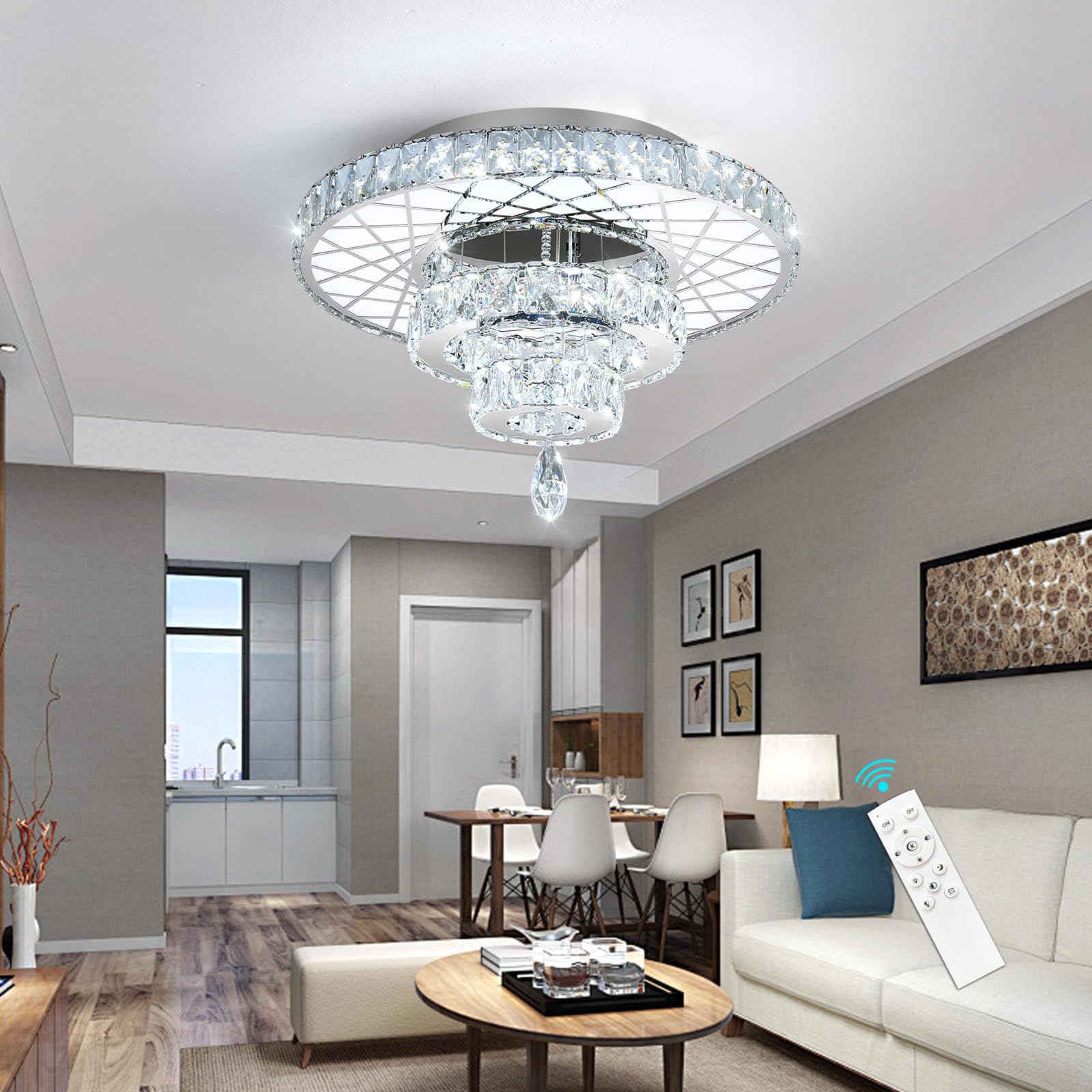 HAIXIANG Crystal Ceiling Light Chandelier Remote Dimmable 20 Inch Gold MMQ3831