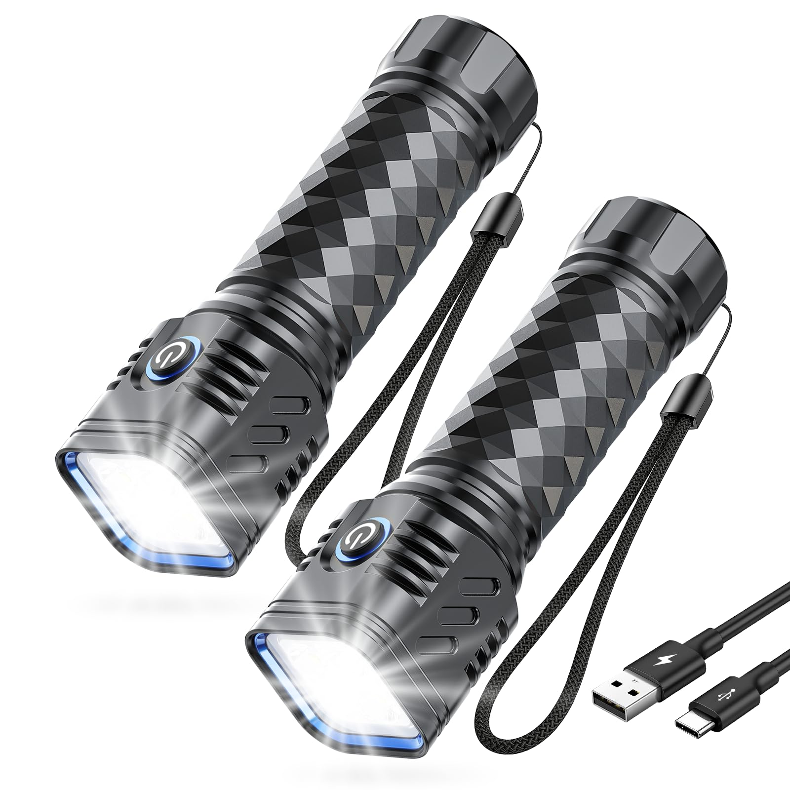 WdtPro Metal LED Flashlight, 2 Pack, Rechargeable, Waterproof, 1000 Lumens, Black, Model EX4