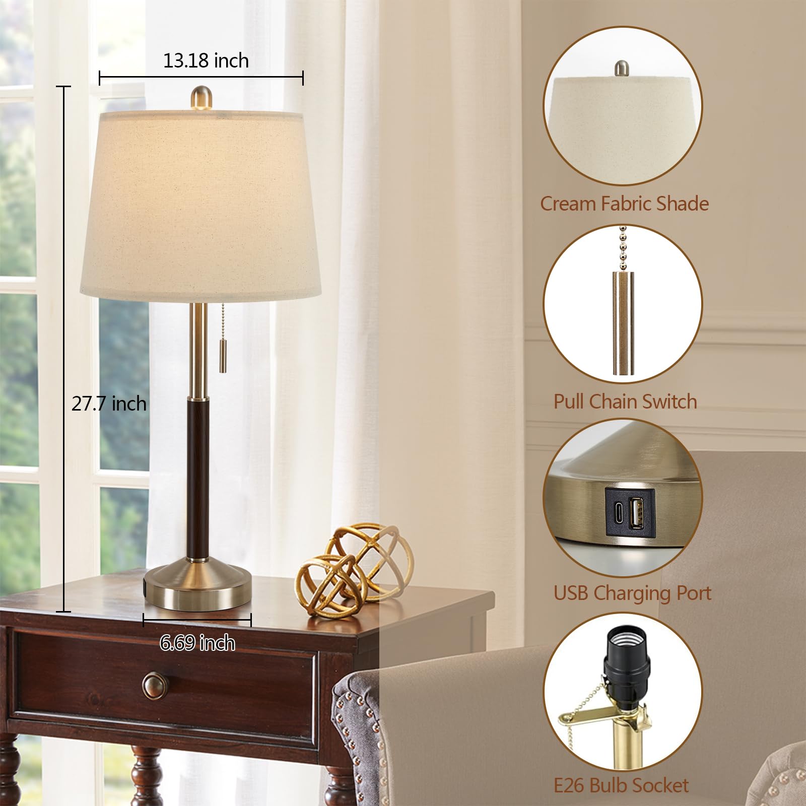 YAMEIWAN 28" Silver Bedside Lamps Set of 2 - Modern USB Charging, 3-Way Dimmable with Pull Chain Switch - Model S28-CHAIN