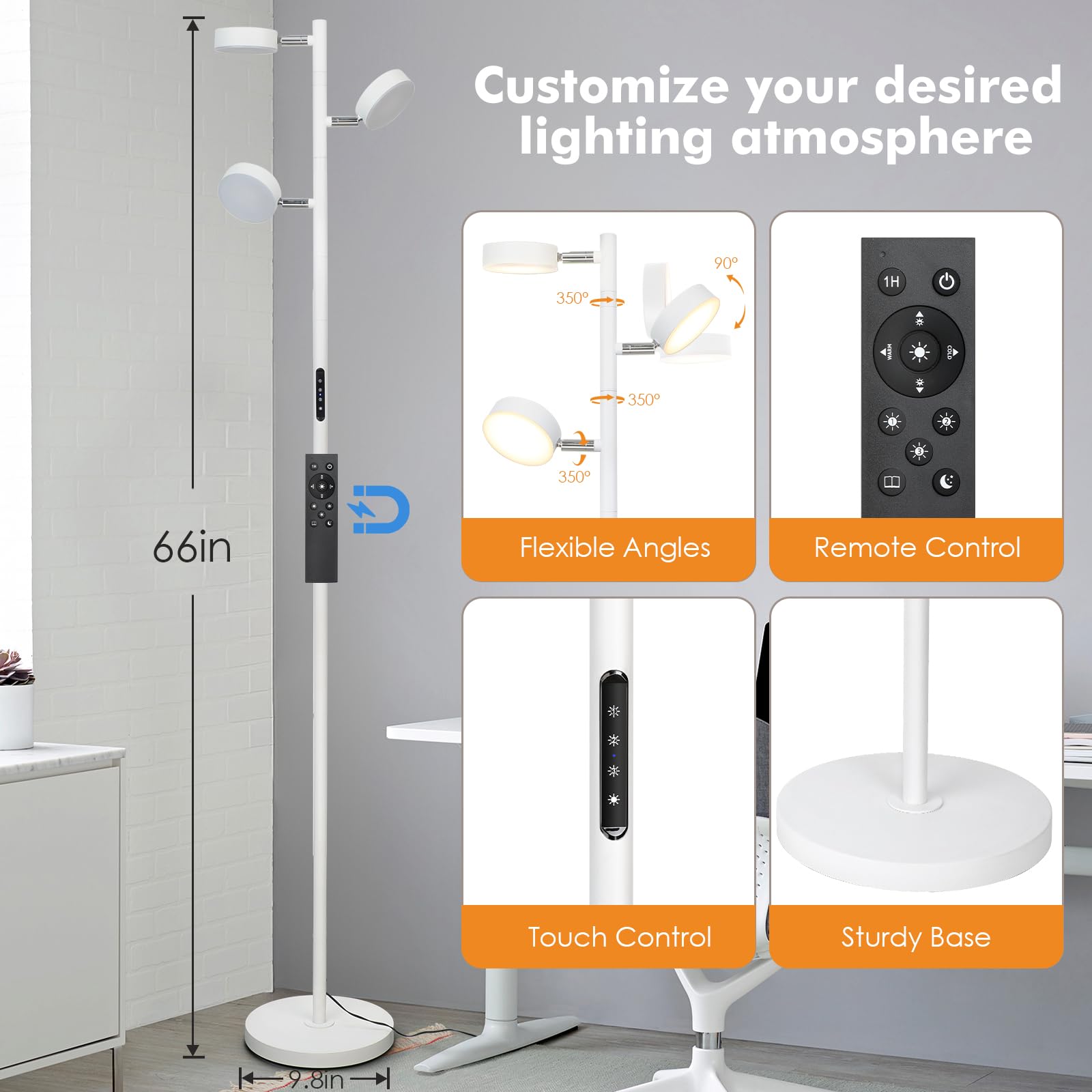 Junnai White Floor Lamp, Tall Standing Lamps With Remote & Touch Control Timer, 30W Tree Floor Lamp Led With 3 Rotatable Light, 4 Color Temperatures Lamps For Reading Living Room Office Bedroom