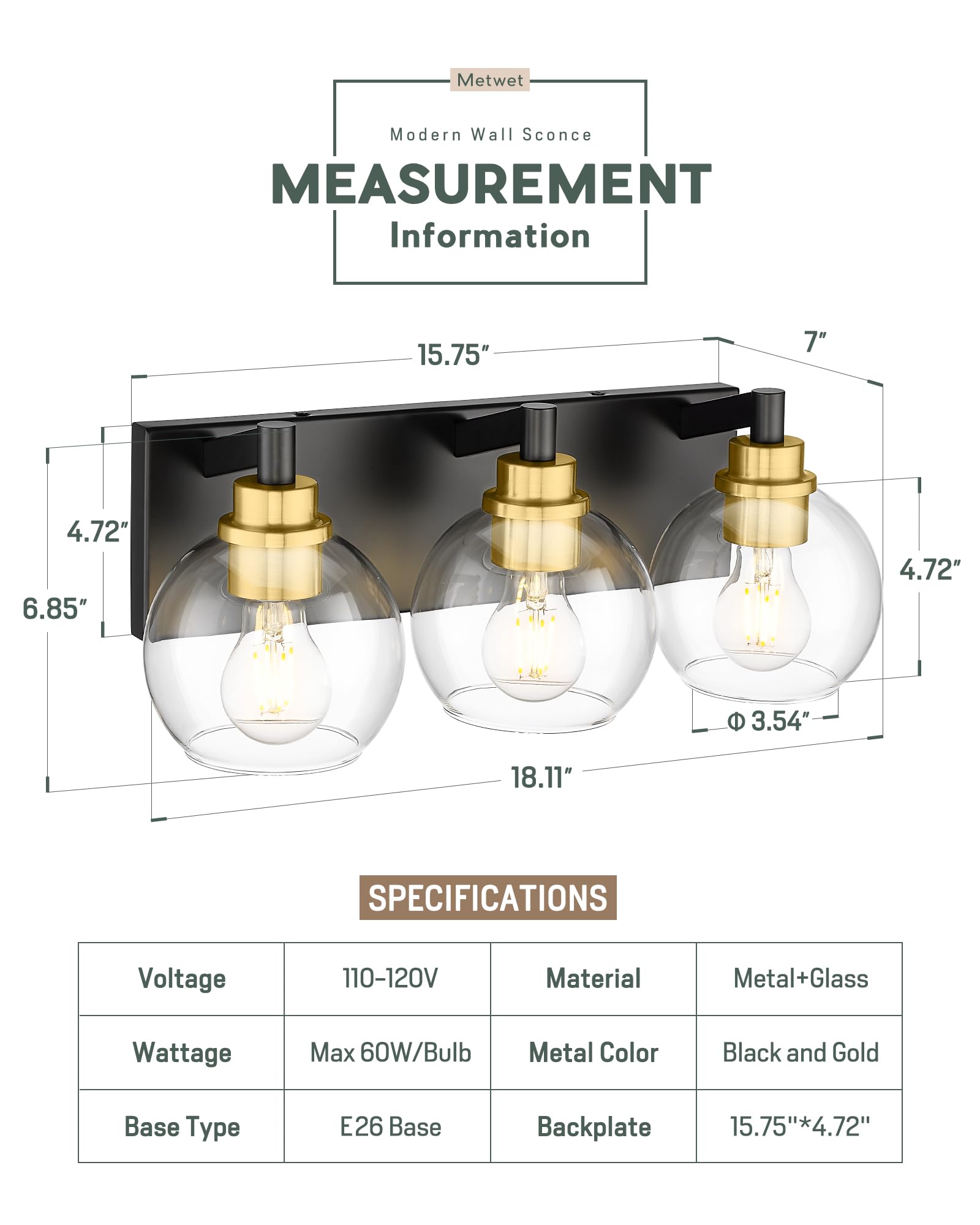 Metwet Bathroom Light Fixtures, 3-Light Black And Gold Bathroom Vanity Light, Modern Wall Sconces With Globe Clear Glass Shade,