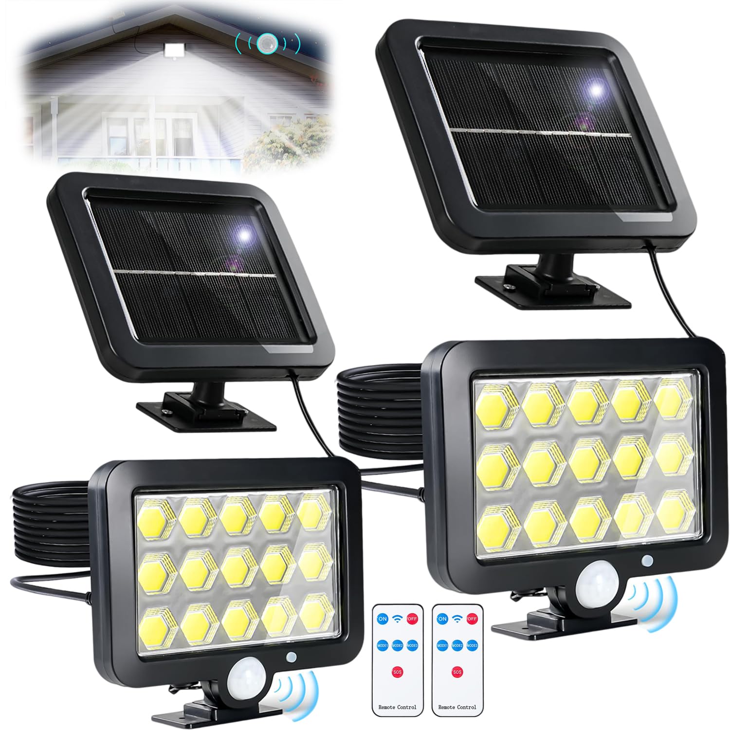 Nrowoll 2 Pack 3000LM Solar Motion Sensor Lights Outdoor with Remote Control & 16.4ft Cable, 195LED Security Flood Lights, IP65