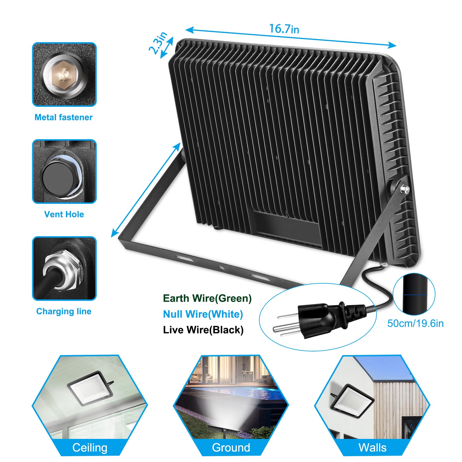 YANYCN 300W LED Flood Light - 2000W Equivalent, 5000K Daylight White, 43500LM, IP66 Waterproof for Sports Fields, Arena, Stadium