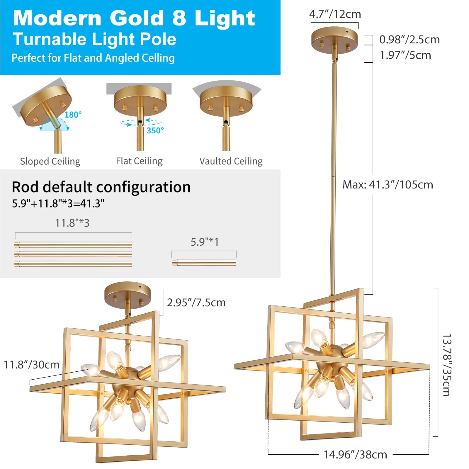 XINGQI 8-Light Gold Geometric Chandelier - Modern Pendant Lighting for Dining Room, Living Room, Kitchen, Bedroom, Hallway