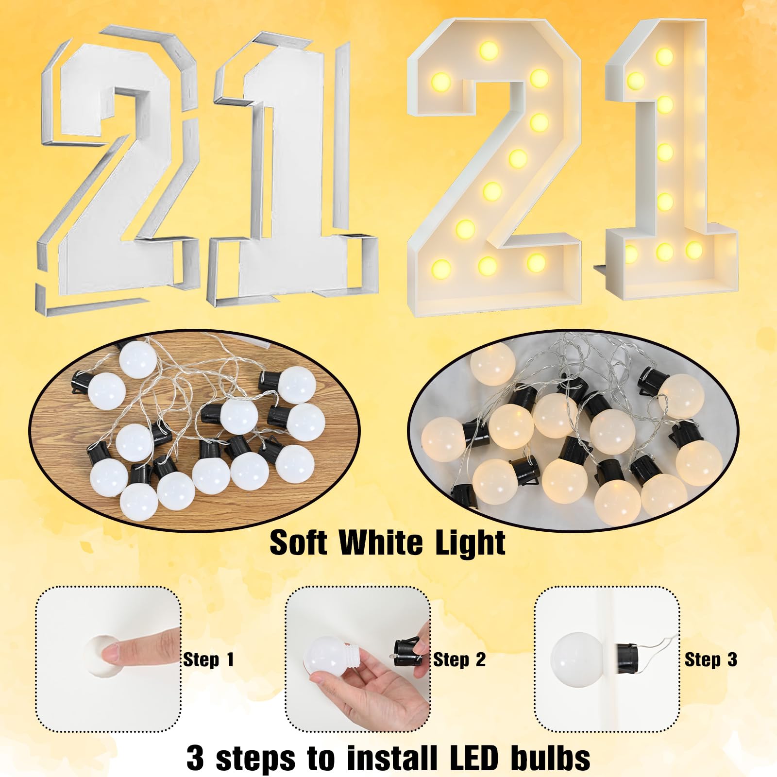 Paeyeq Light Up Numbers 21 Large Marquee Sign, White, Plastic, Model Light-Num21-white, Birthday Party Decor