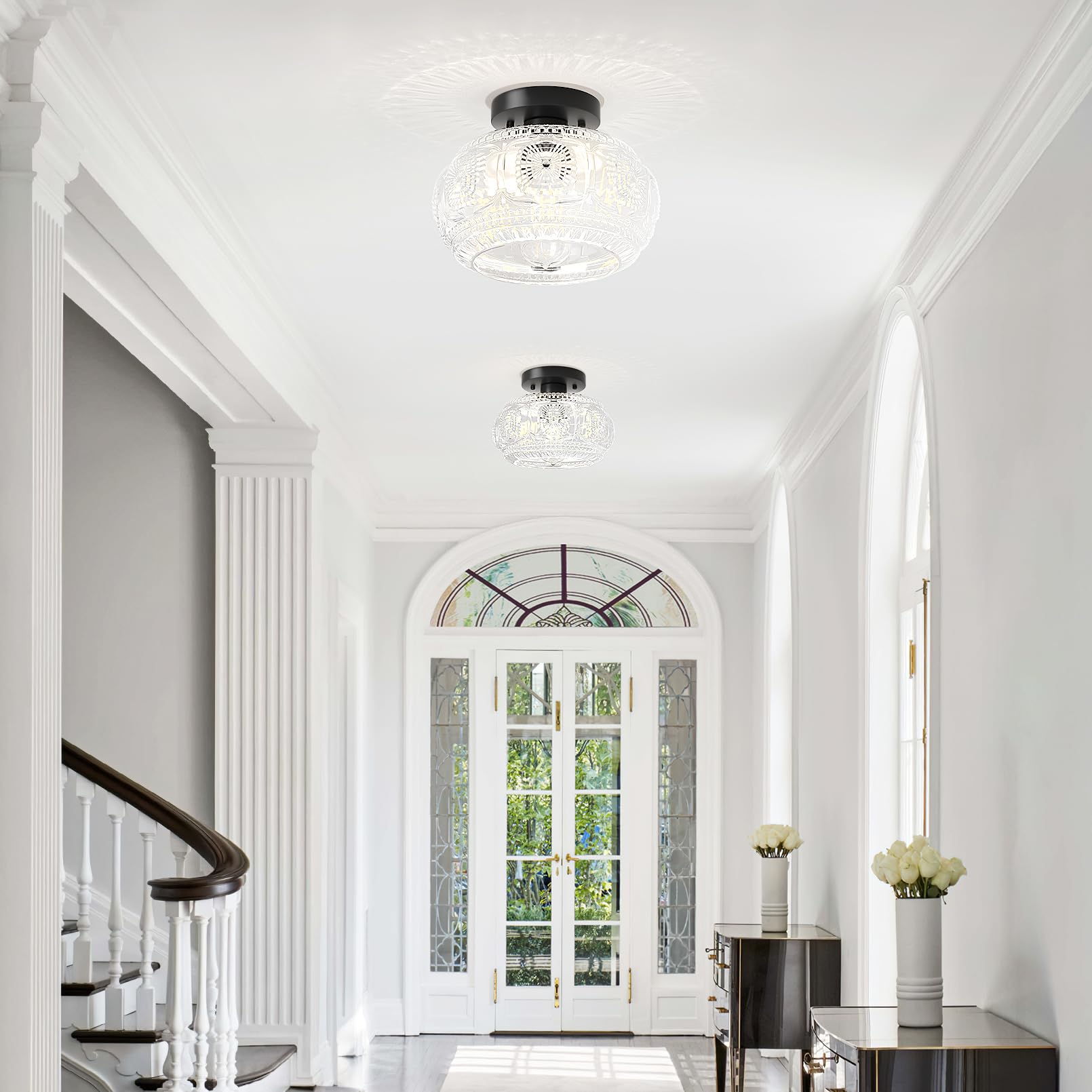 Oykyohei Semi Flush Mount Ceiling Light, Globe Glass Ceiling Light Fixture, Black Modern Lighting For Hallway Porch Corridor Kit