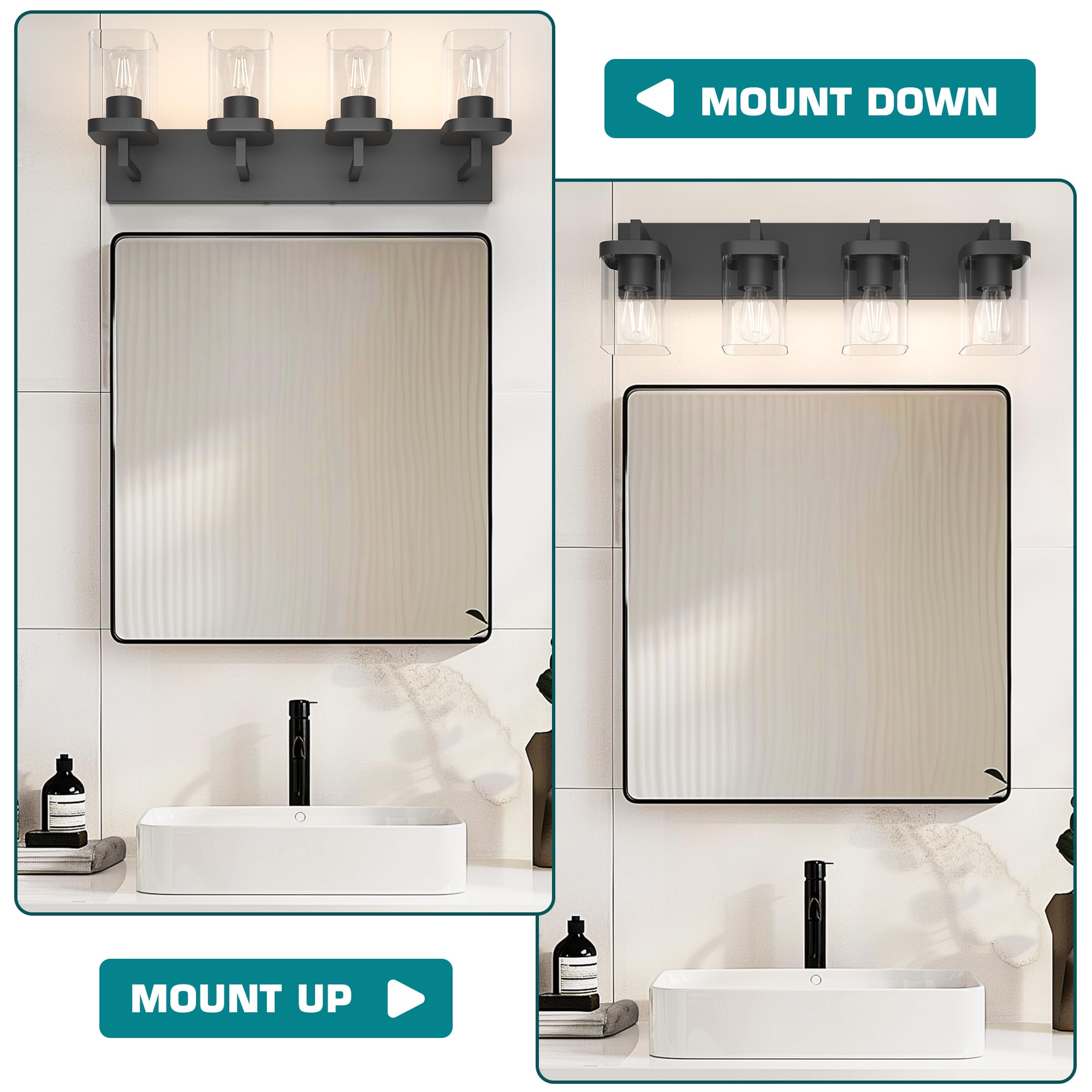 Danshinro 4-Light Bathroom Vanity Light - Modern Square Design, Black Iron Fixture for Bathroom/Living Room/Bedroom