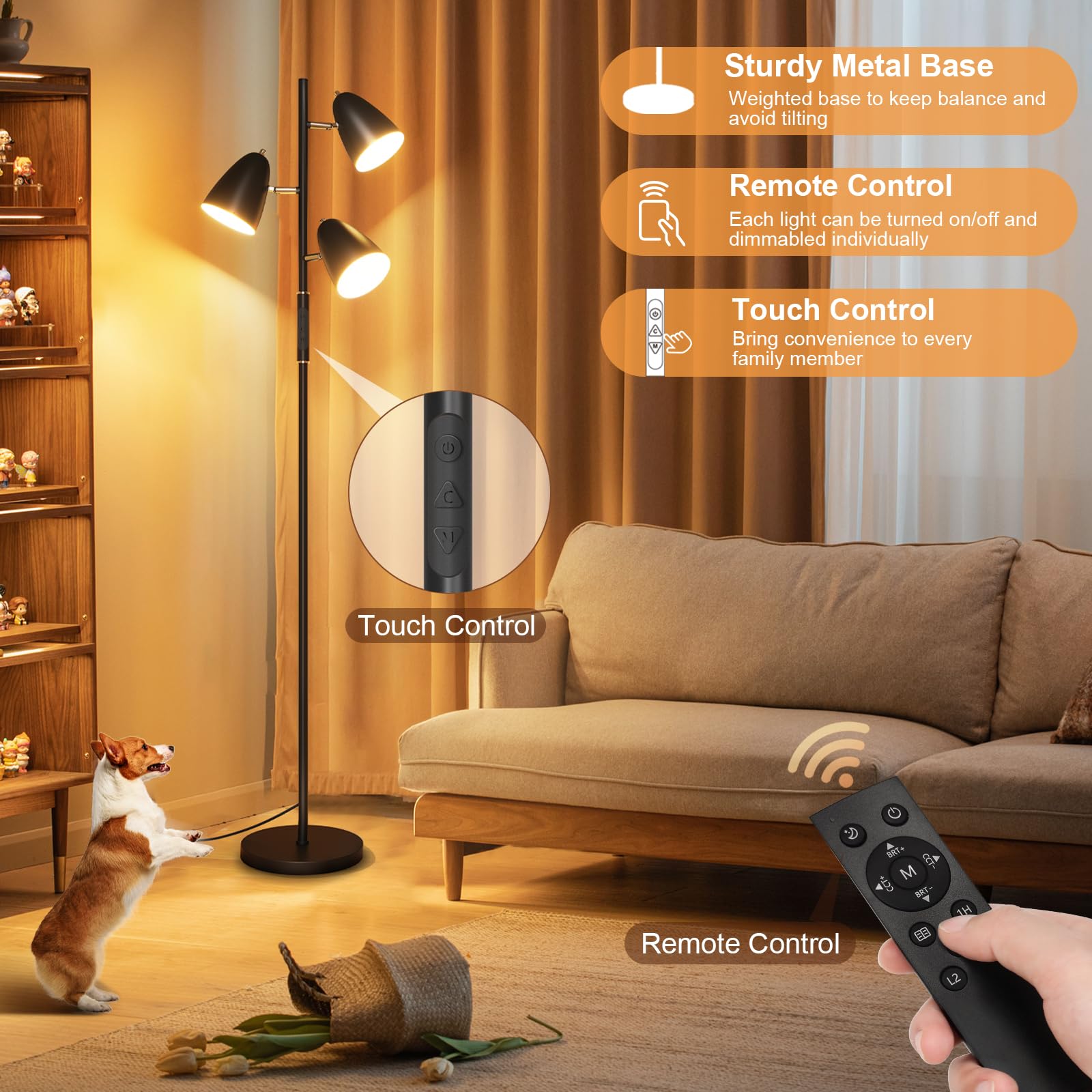 Qimh Led Floor Lamp For Living Room, Modern Dimmable Standing Lamp With 4 Color Temperature,Remote And Touch Control, Tree Floor