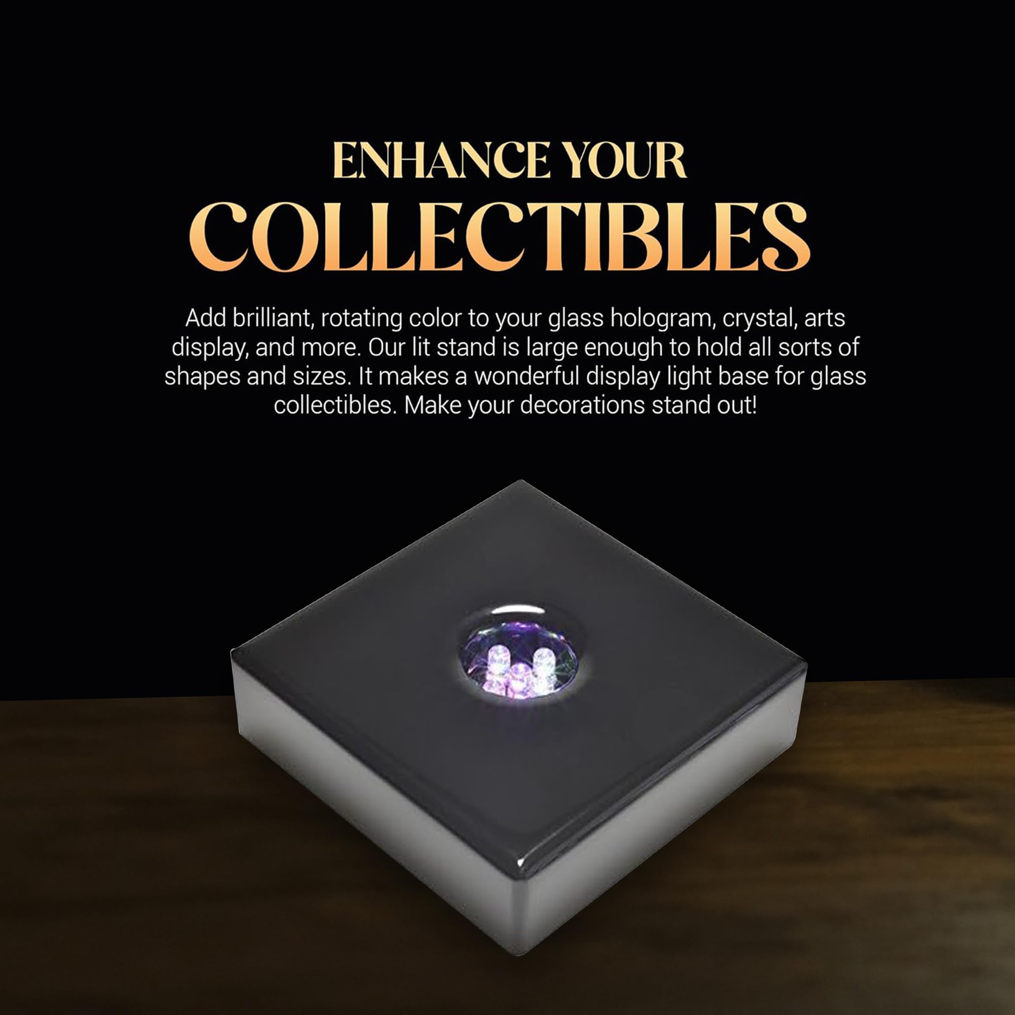 ASENTE LED Base Light Stand for Glass Art - Multi-color Changing, Satin Matte Black Wood, AC/USB Powered