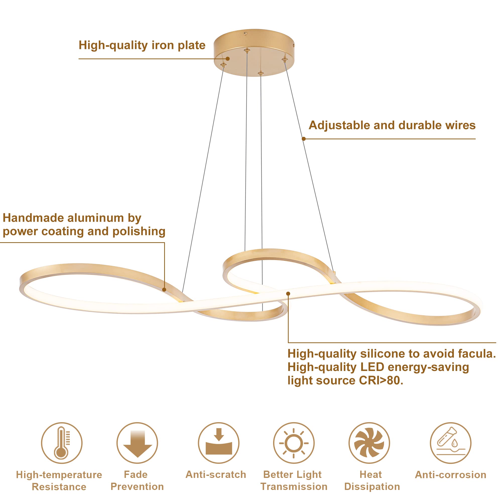 SUNMOO Modern LED Chandelier - Dimmable 60W Lighting Fixture for Dining Room, Kitchen Island, Adjustable, Gold, Model PL21-WGDD-60W-G