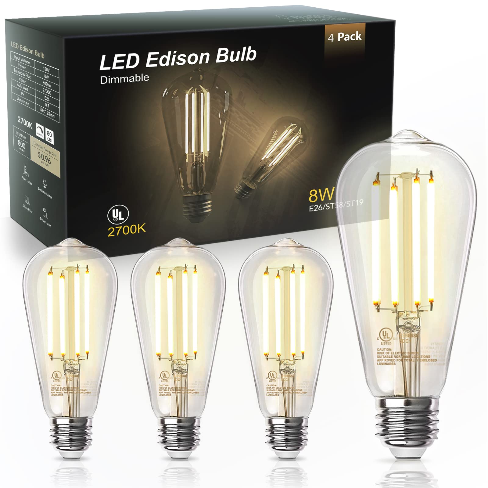 TJOY Edison Light Bulbs, Dimmable Vintage LED, 8W, 800LM, ST58 Model, 4 Pack, 2700K Warm White
