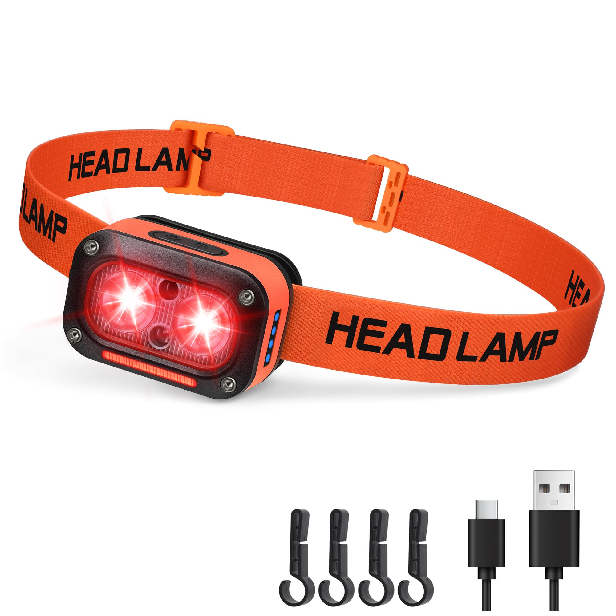 DARKBEAM Red LED Headlamp Dual Light High Lumens USB Rechargeable Redlight Headlight for Hardhat with Motion Sensor  Up/Down Adjustable  Waterproof Head Lamps for Camping  Fishing  Hunting
