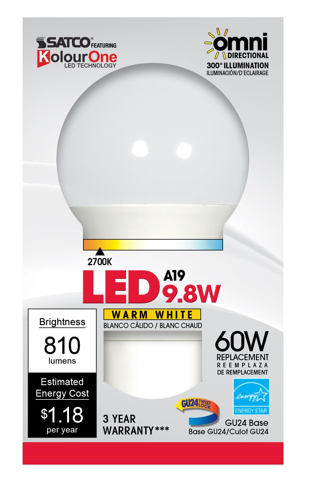 Satco A19 LED Frosted Light Bulb, 9.8W, Gu24 Base, 2700K, Model S9216, Copper, 4.5 Size