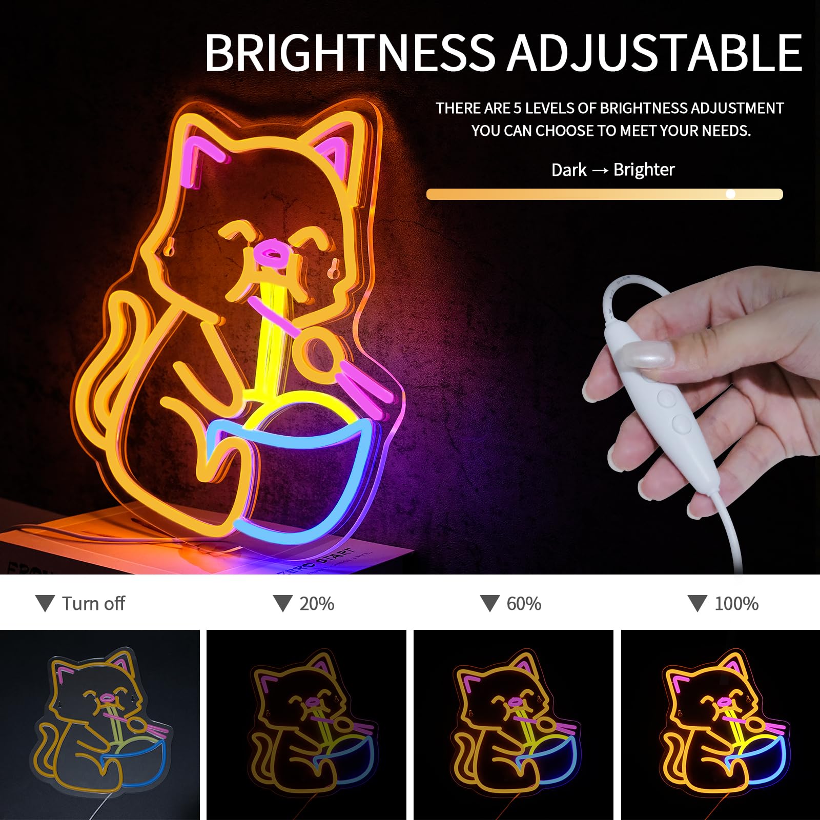 Virlusy Cat Ramen Neon Sign - Dimmable LED Wall Decor, Medium Acrylic, Yellow & Blue, Model YL-Cat, USB Powered for Home & Bar