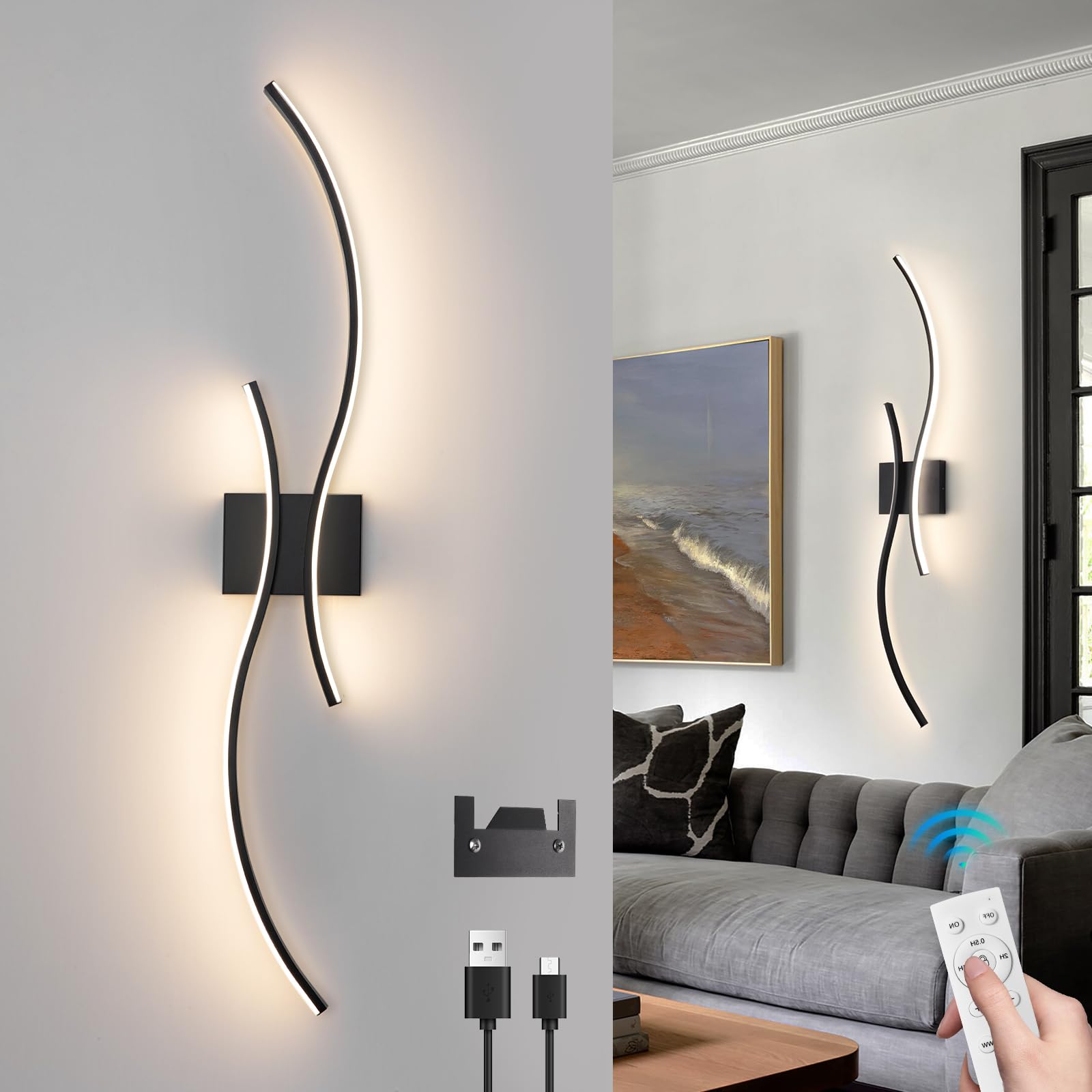CANEOE Battery Operated Wall Sconces with Remote Control, 3000K-6000K LED, 31.5inch, Black, Model WL-80SBLBK-DC