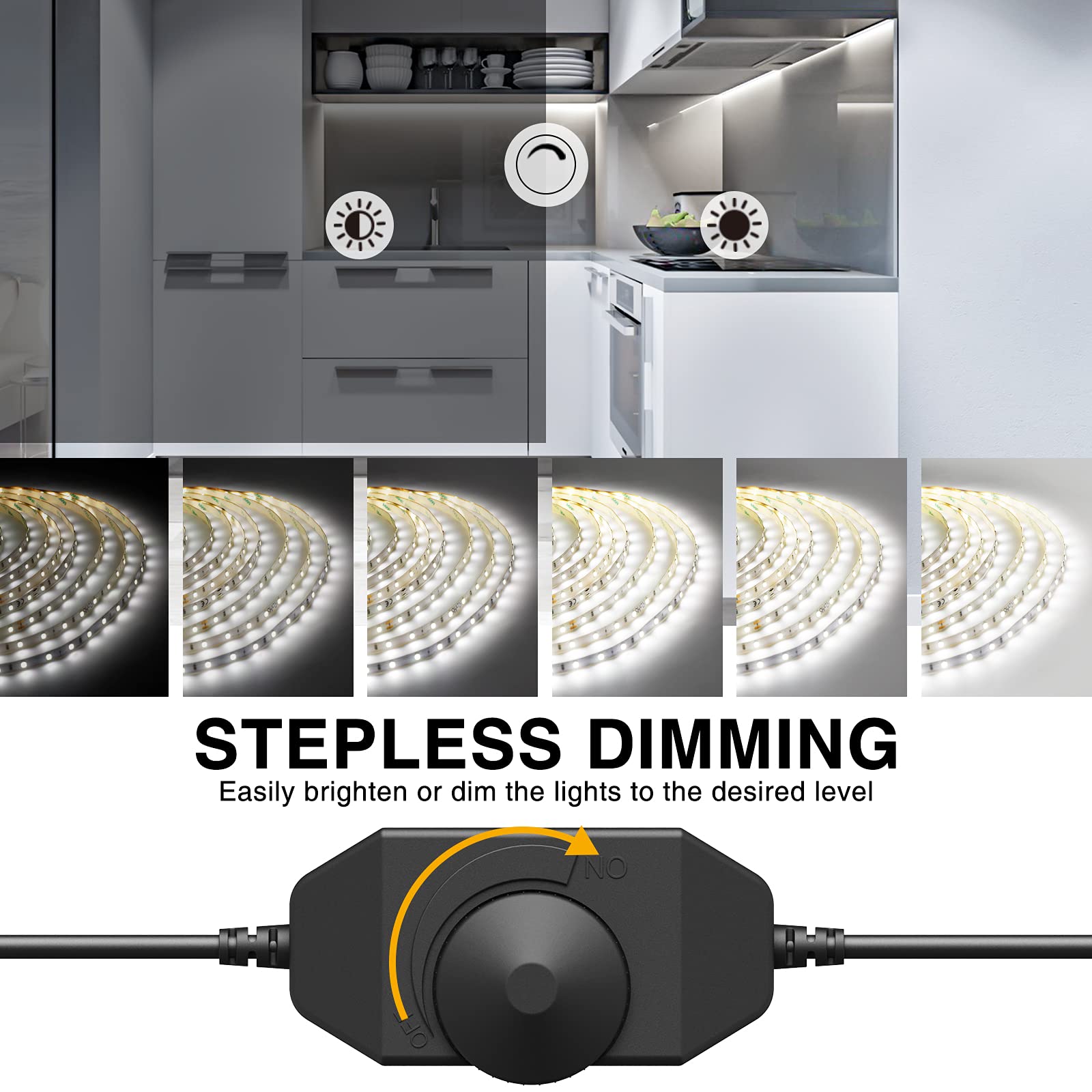 Onforu LED Strip Lighting 65.6ft 6000K Dimmable Daylight White Tape Light, Model DT20, Flexible Plastic for Kitchen and Bedroom