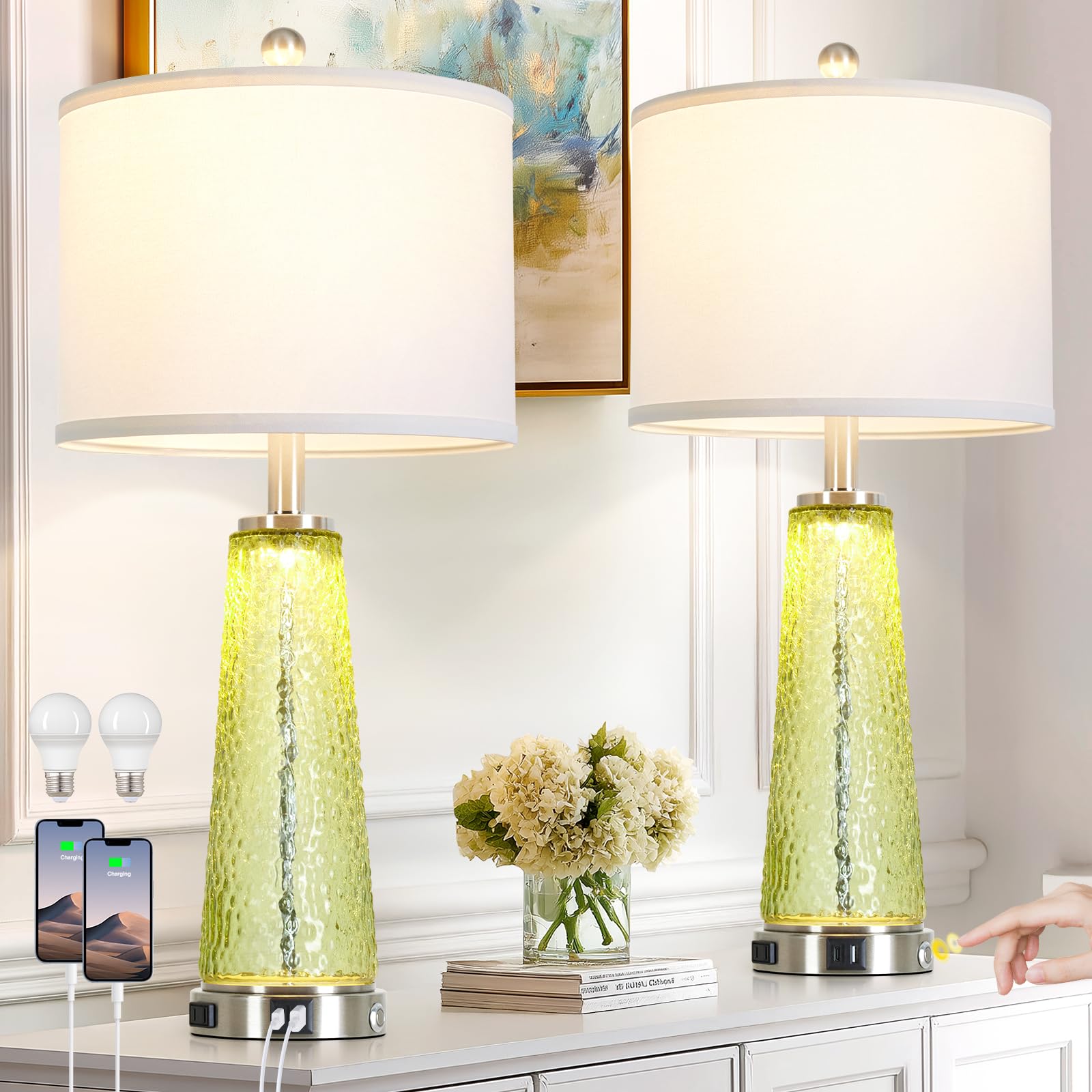 26 Gold Glass Table Lamps for Living Room Set of 2  Modern Bedside Lamp with USB A+C Ports & AC Outlet  Coastal Splited Glass Nightstand Lamps with 2 LED Night Light for Bedroom End Table Amber Decor