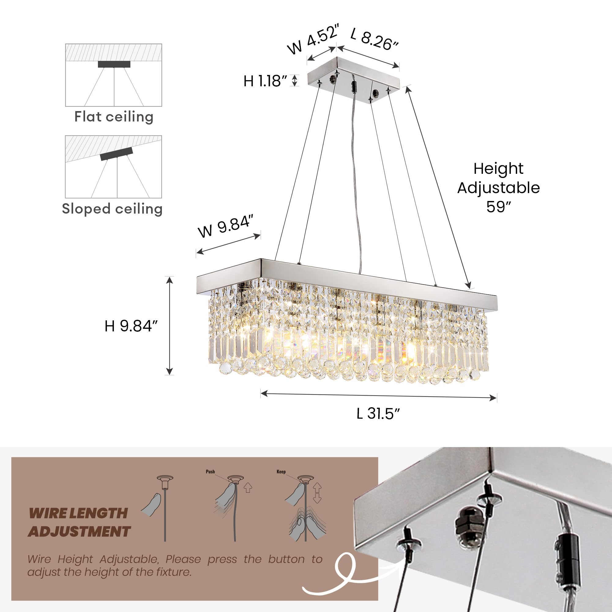 Tinkoso 6-Light Crystal Chandelier - Modern Farmhouse Pendant Light, Stainless Steel, Chrome, L31.5" x W10" x H10", Model LH-00208