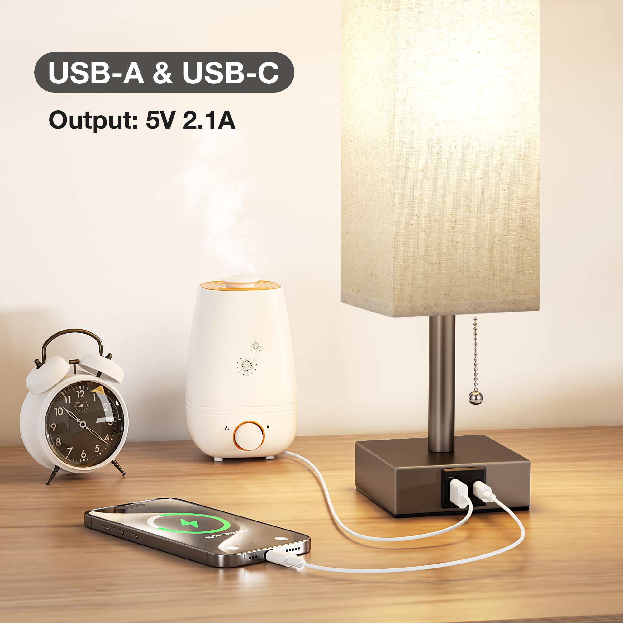 Aooshine Beige Small Table Lamp For Bedroom - 3 Color Temperature 3000K 5000K 4000K Bedside Lamp, Pull Chain Control, Usb A And
