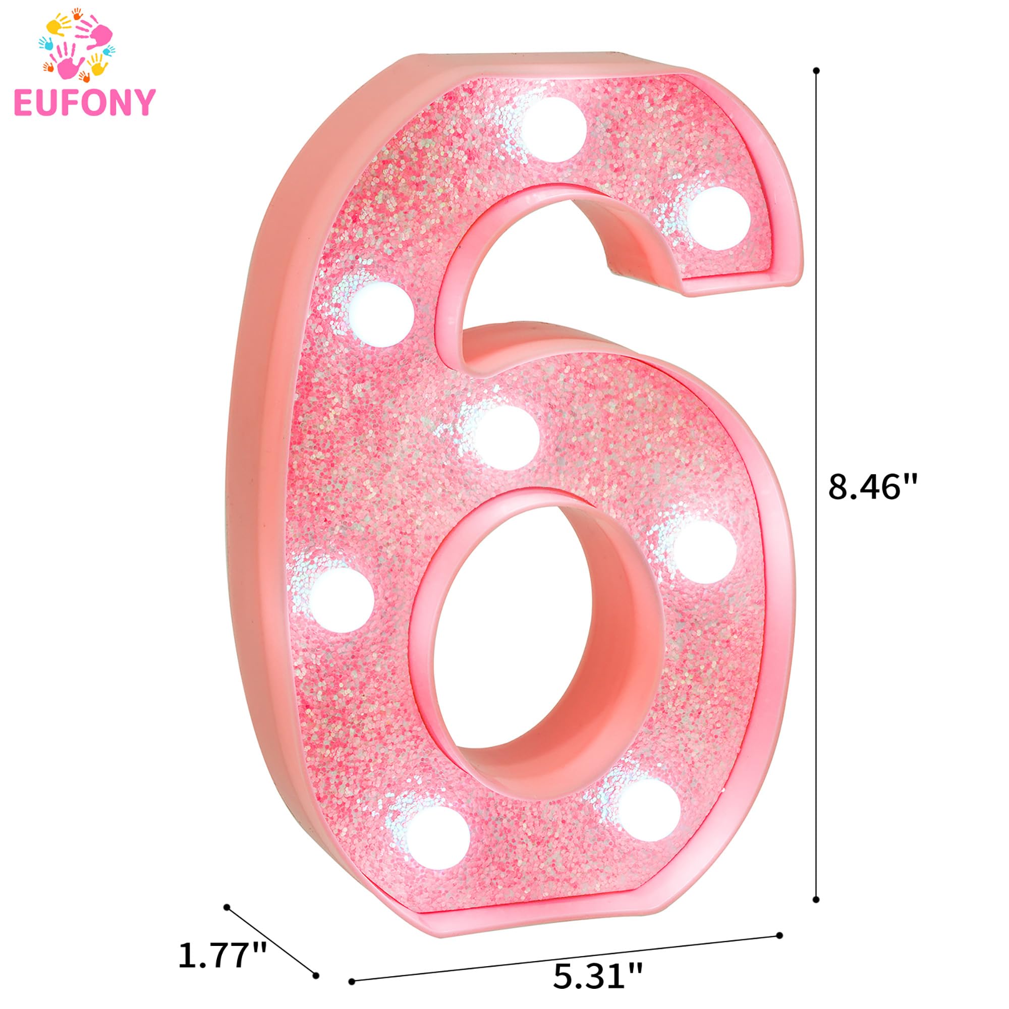 EUFONY Pink Glitter LED Marquee Light Up Number 6 with Cool White Lights, Battery-Powered Numbers sign for Girls Birthday Party