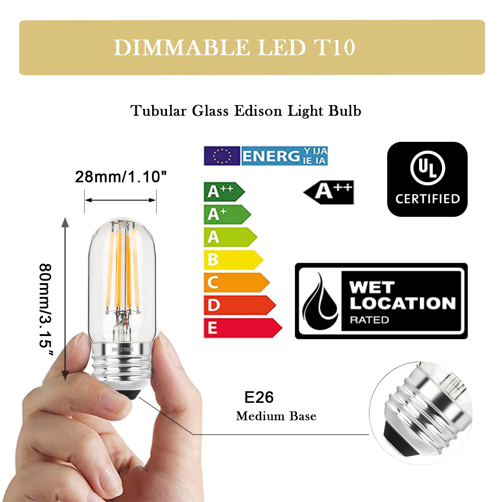 NOVELUX LED Bulb 60W Equal Dimmable 2700K Soft White 3 Inch Glass Tubular Filament, 6W, 6 Pack