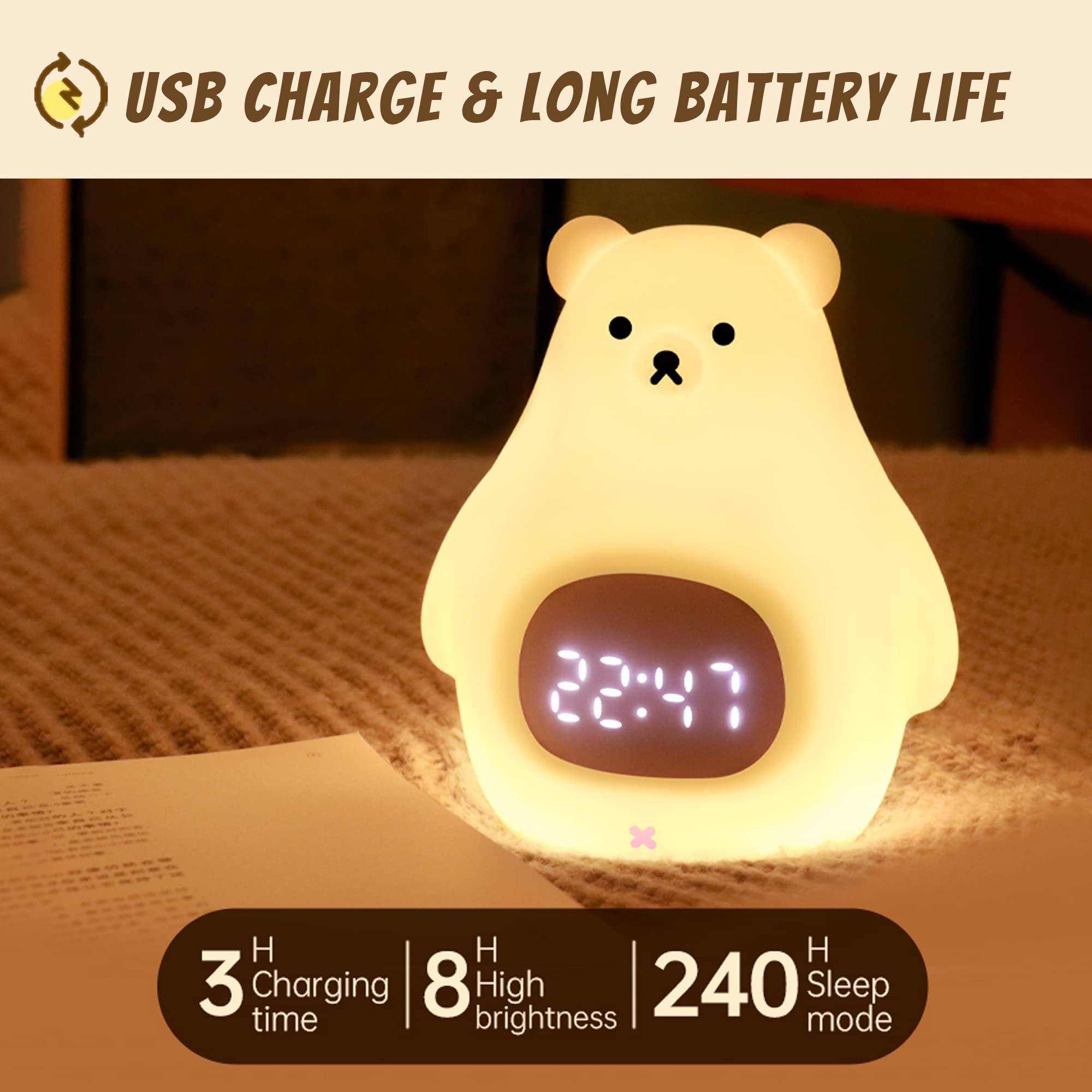 JROSING Bear Night Light, Cute Kids Alarm Clock, Soft BPA-Free Silicone Portable Nursery Lamp, Children USB Rechargeable Nightli