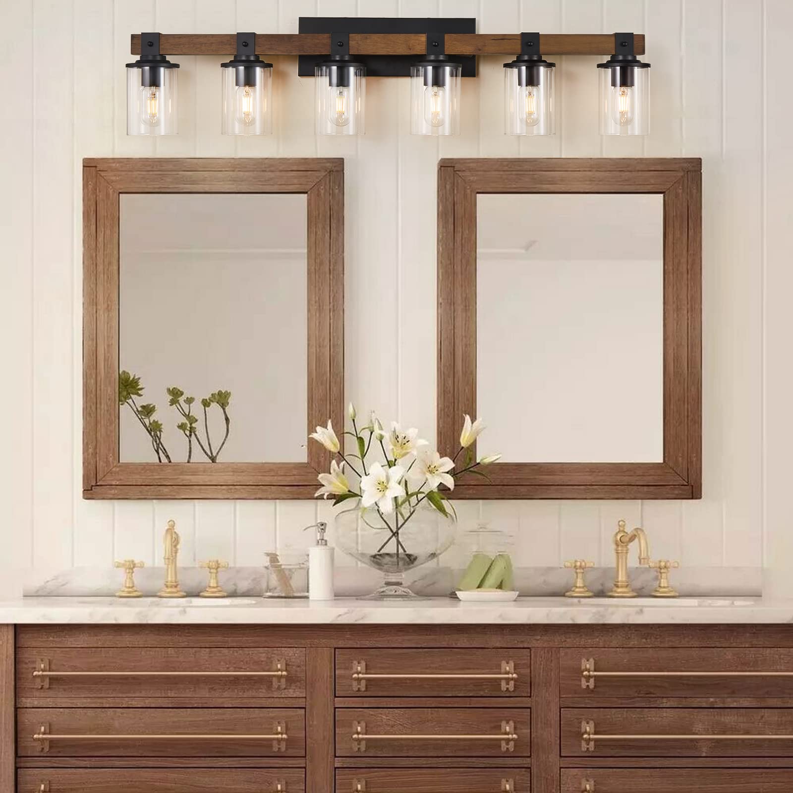 DADUL 6-Light Bathroom Vanity Light, Antique Wood & Metal, Clear Glass Shades, Model GT-B01-100-06-LPA