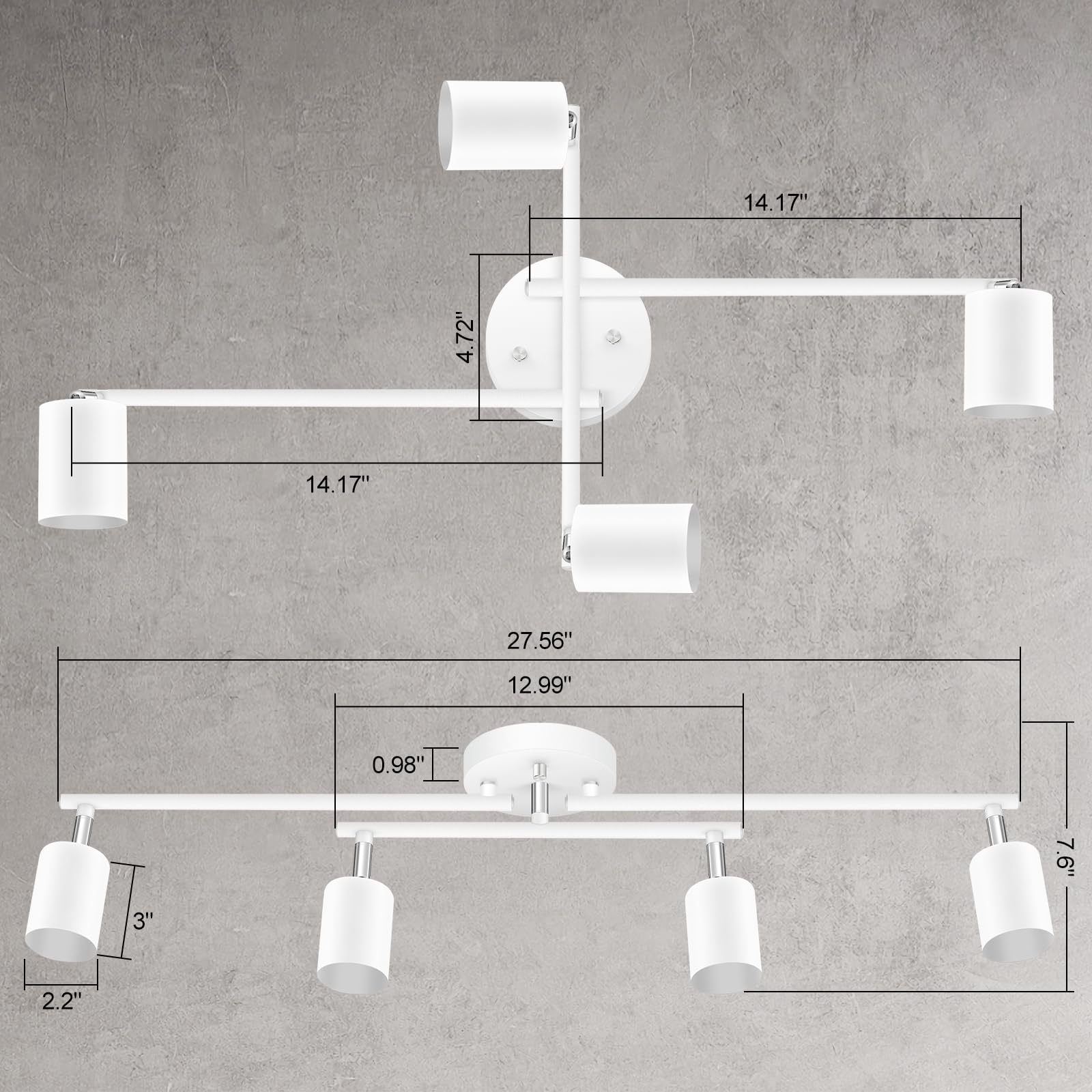 4 Light Track Lighting Kit Kitchen, White Track Lighting Fixtures Ceiling, 4 Way Modern Flexible Spot Track Lighting, Industrial