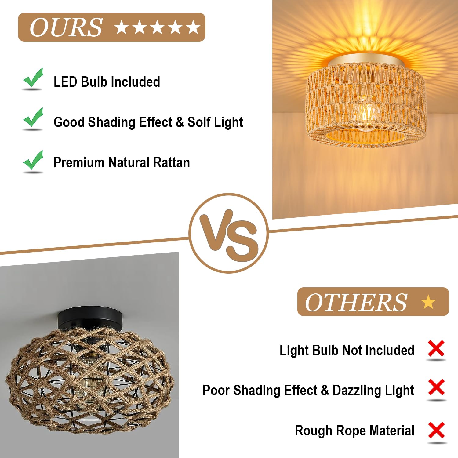 SineRise Rattan Ceiling Light Fixture, 12-Inch Gold Boho Flush Mount, LED Bulb Included, Hand-Woven for Hallway, Kitchen, Living Room