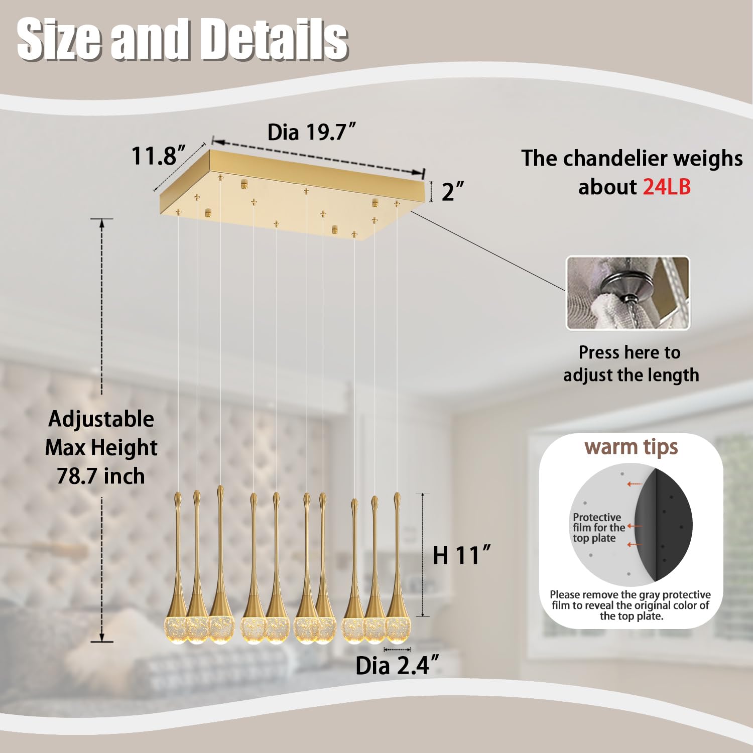Ykolupty Rectangular Chandeliers For Entryway Gold Dining Room Lights Fixture Raindrop Pendant Lights Kitchen Island Crystal Cha