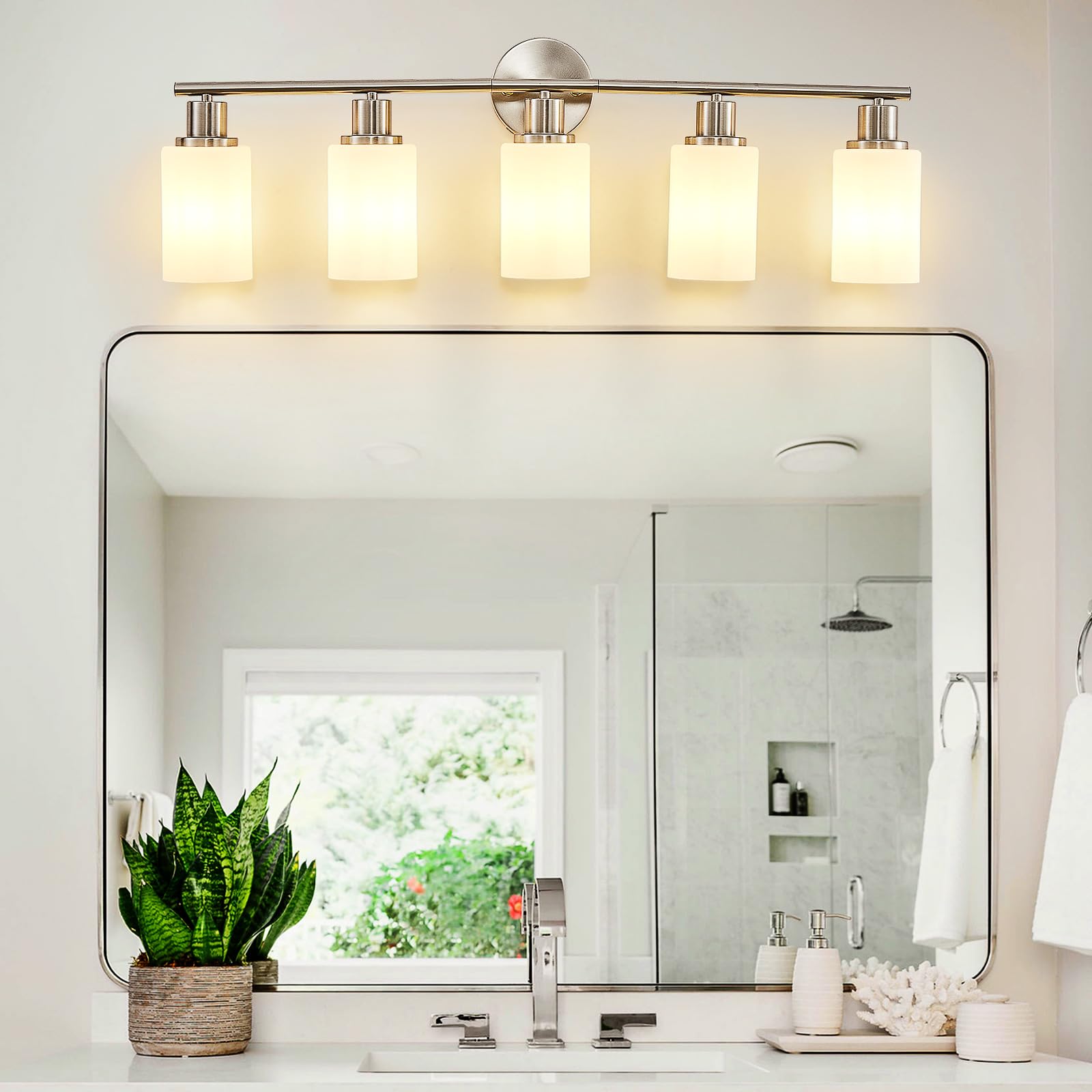 DINGLILIGHTING 5-Light Bathroom Vanity Light Fixture, Milky White Glass Shade, Brushed Nickel, Metal