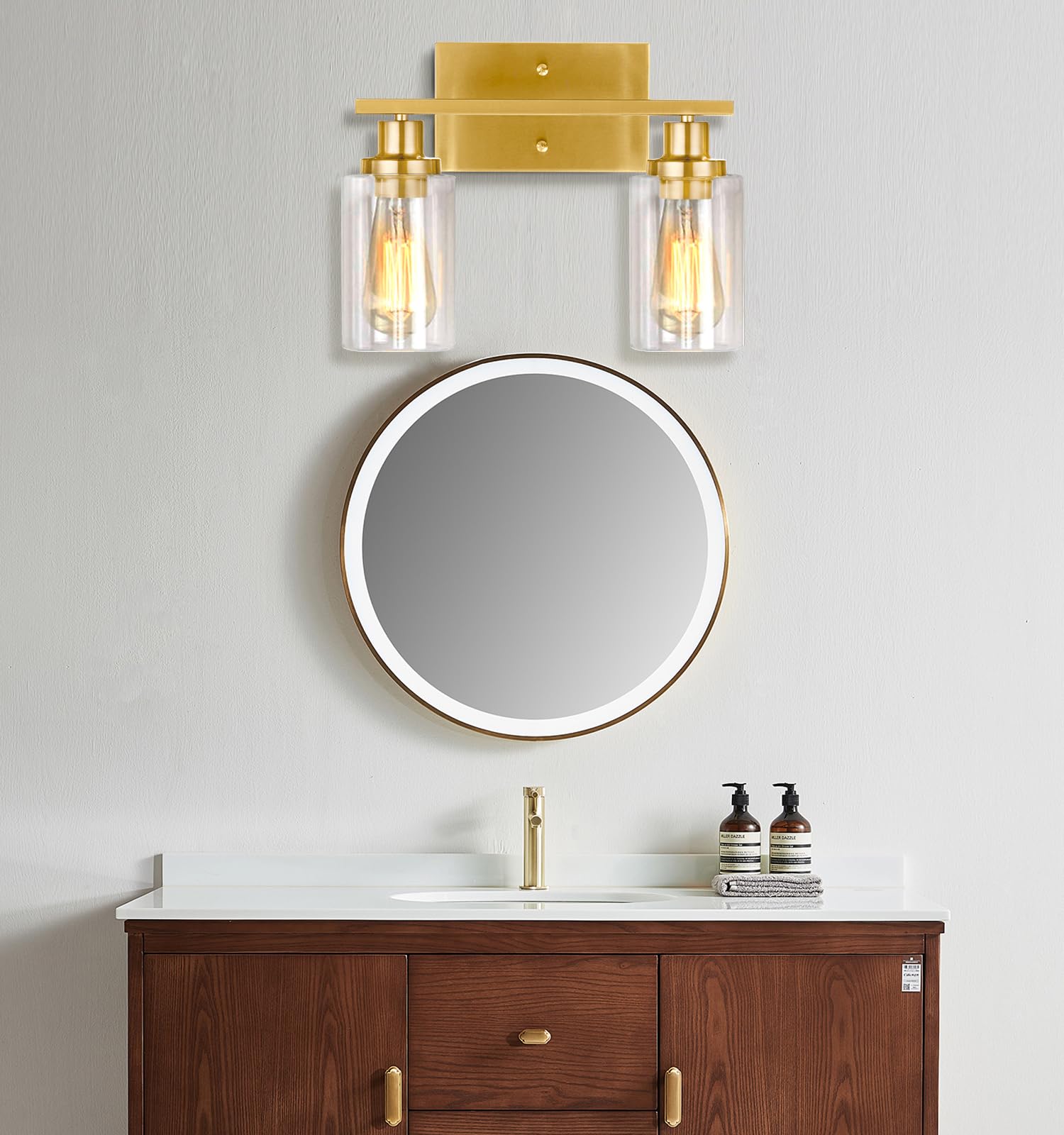 SANGFOR Gold Bathroom Vanity Light Fixture, 2-Light Brushed Gold, Clear Glass Shade, E26 Base, Modern Design