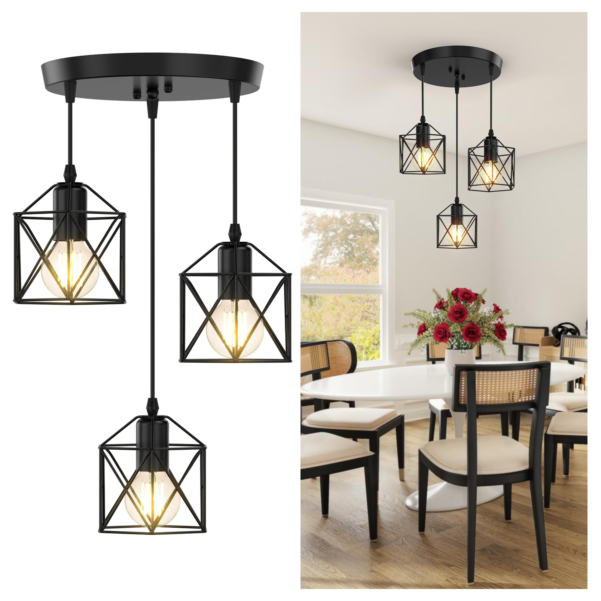 Phaosio 3-Light Pendant Lighting  Farmhouse Hanging Light Fixture For Kitchen Island & Dining Room  Industrial Vintage Ceiling Lamp With E26 Base  Adjustable Height  Matte Black