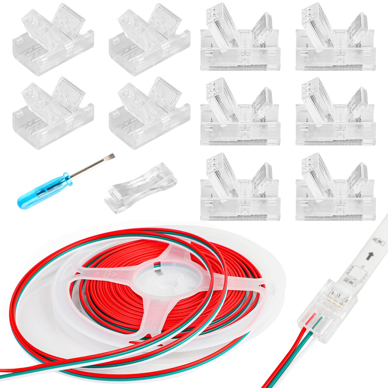 HOMELYLIFE 3 Pin LED Strip Connector Solderless 10 Pcs with 16.4ft Extension Cable 3 Conductor for Waterproof or Non-Waterproof 