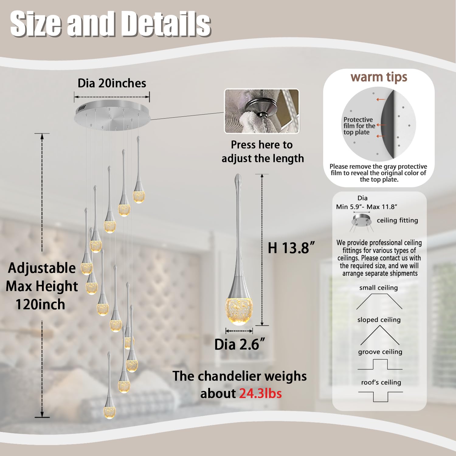 ykolupty Crystal Raindrop Chandelier, 12 Lights, Silver, Model TP0038-12Y, LED Dimmable Lighting for High Ceilings