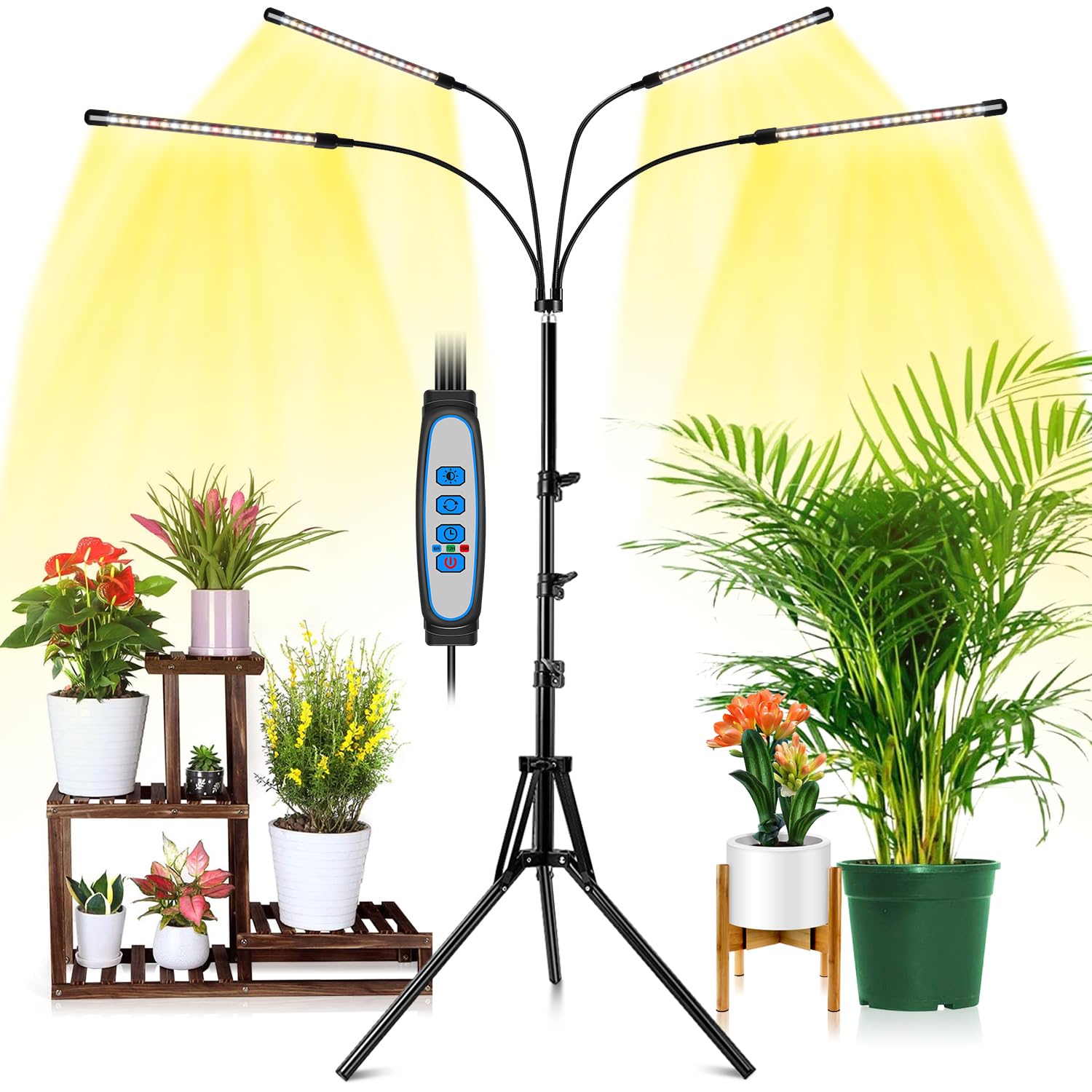 Wolezek 4-Head LED Grow Light, Full Spectrum, Adjustable Tripod Stand 15-61in, Metal, Black, Model 4GL802