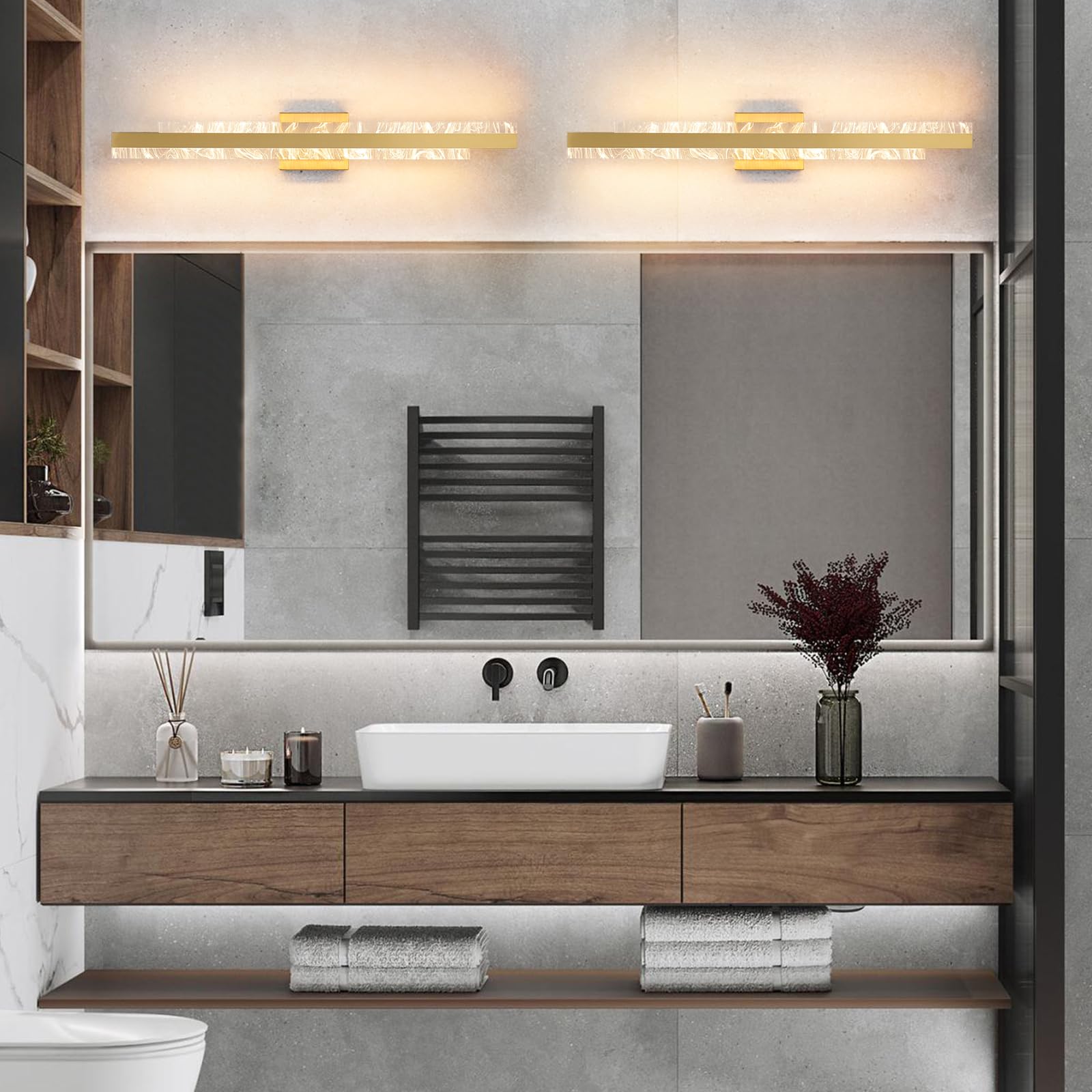 HAHZT Modern Bathroom Vanity Light - 32" Brushed Gold Dimmable LED Wall Sconce, Metal Fixture for Mirror, Model 8075WL, 3000K