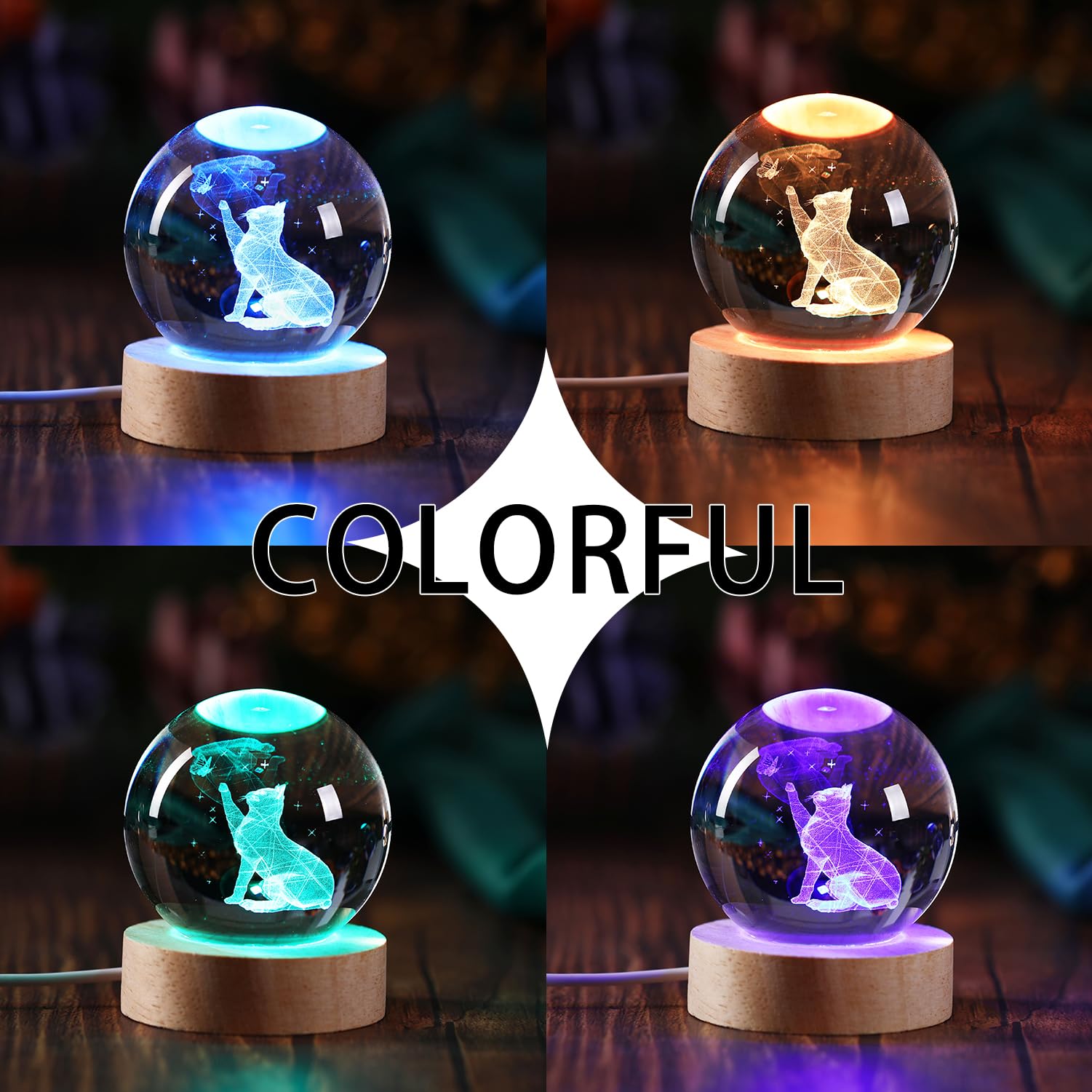 Youercrystal 3D Cat Figurine In Crystal Ball Nightlight With Colorful Led Base, Cute Cat Lover Gifts For Woman, Crystal Glass Kitten Collectibles Kitty (60Mm Ball)