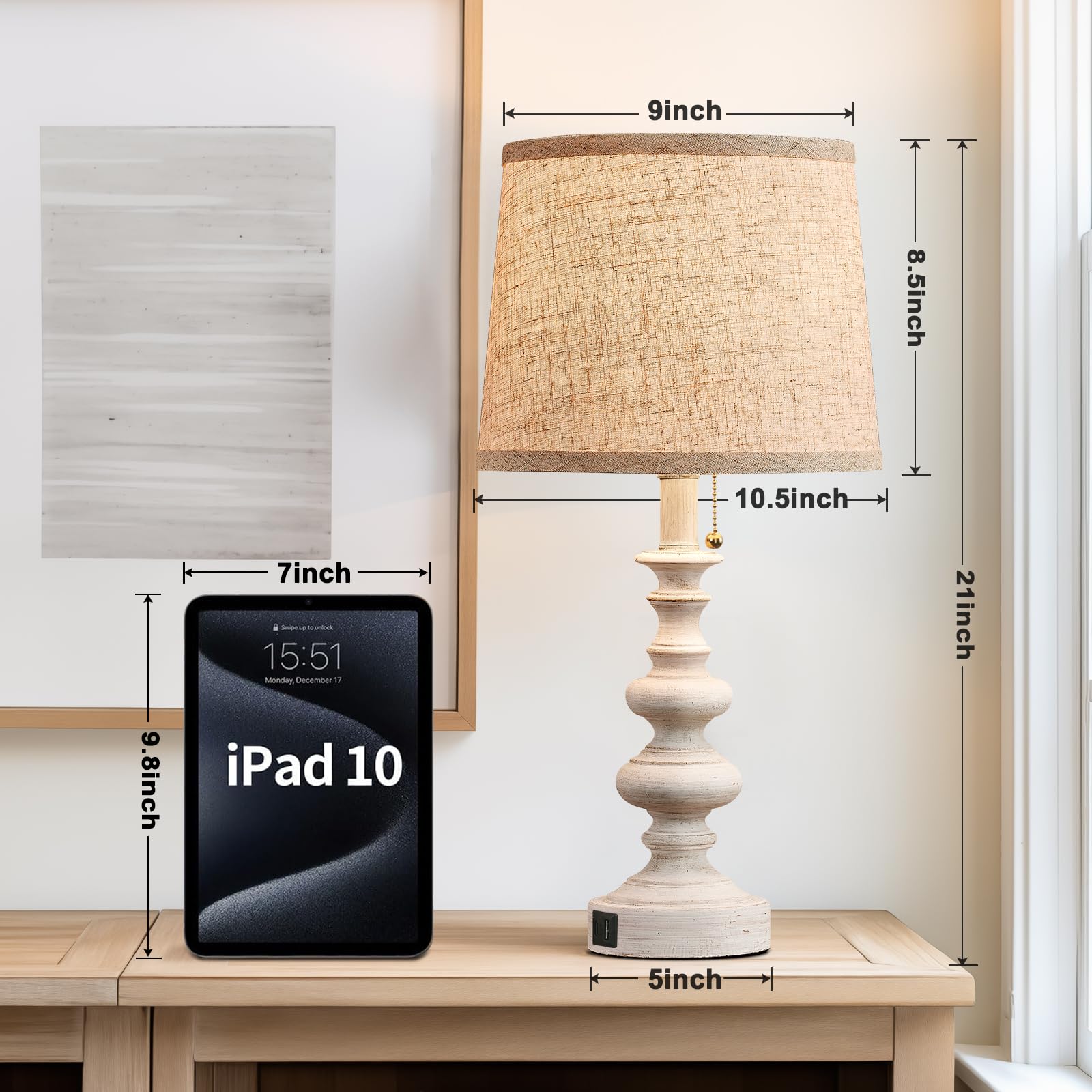 Bowobo 21'' Farmhouse Table Lamps For Bedroom Set Of 2 Rustic Bedside Lamps For Nightstand With Usb A+C Ports White Side Table L