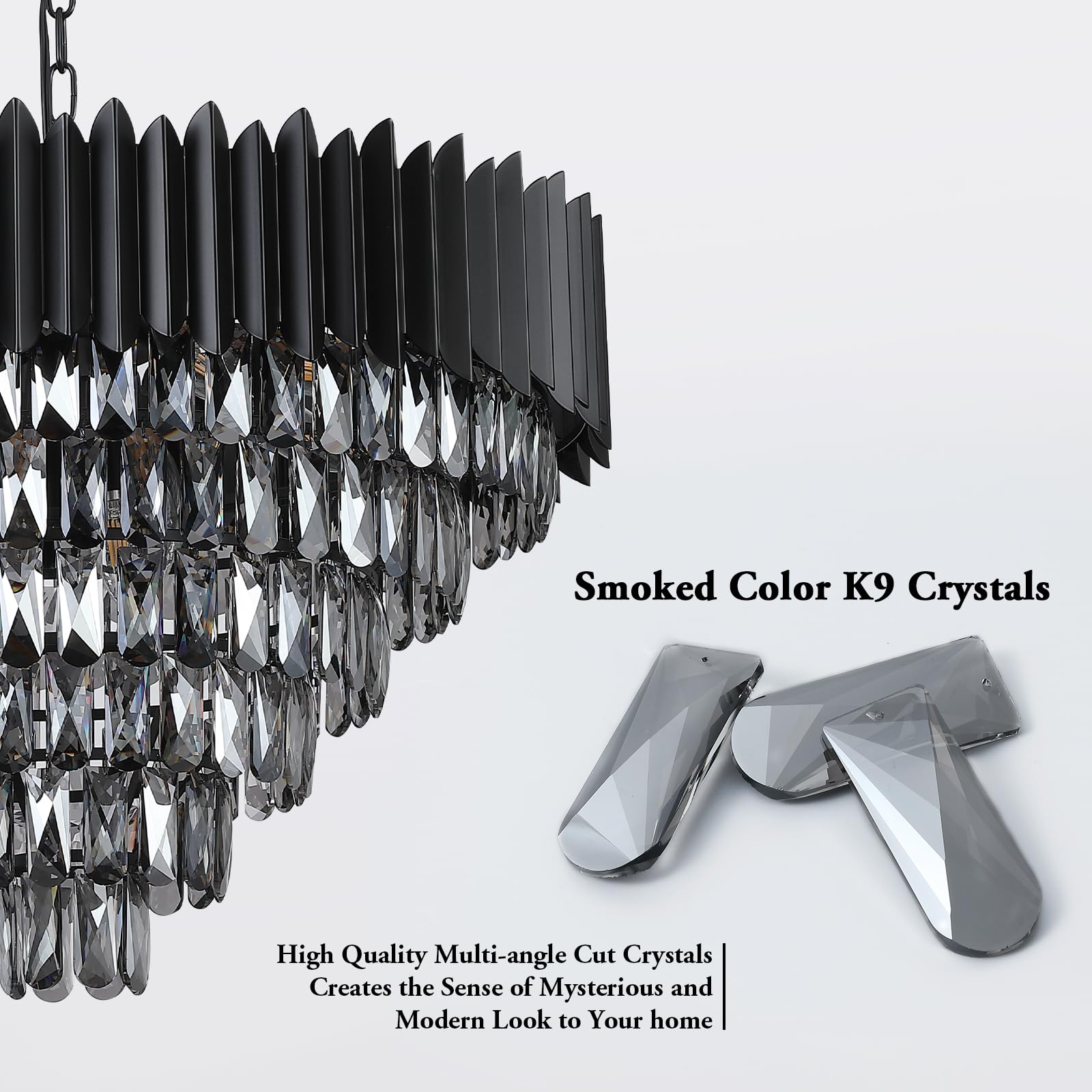 A AXILIXI 30'' Large Black Crystal Chandelier, 16 Lights, 6-Tier Smoke K9 Pendant Light for Foyer, Dining Room, Living Room, Bedroom