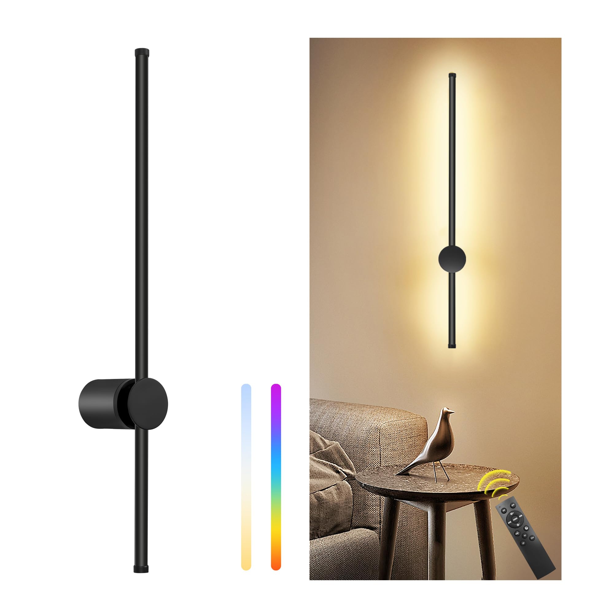 GOODATE 23.6 Inch Battery Operated Wall Sconce, Dimmable LED, Rechargeable, Remote Control, Black, Model DC-CGZ, 1 Pack