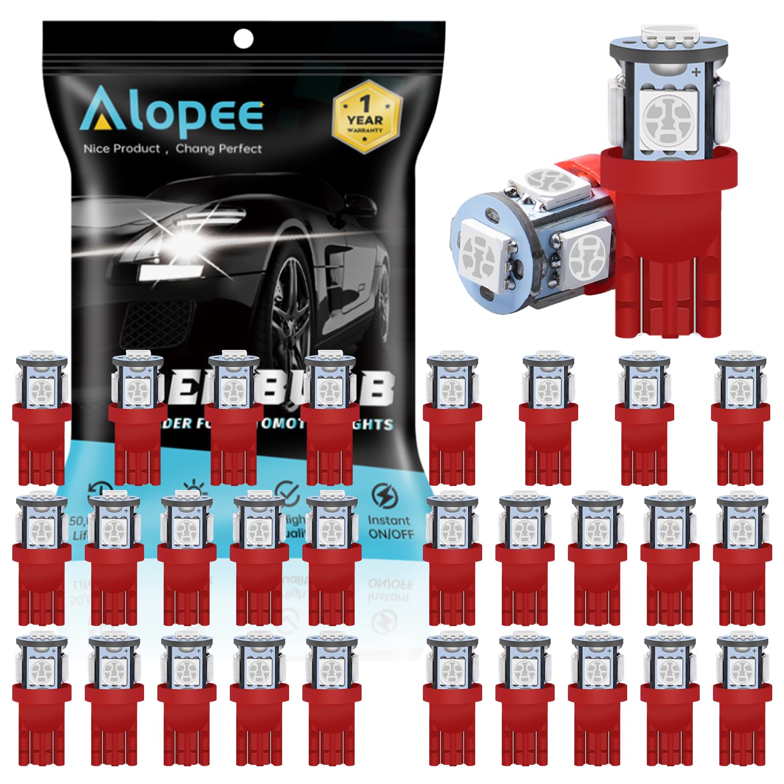 Alopee 30 Pack LED 194 Bulb Red 5050 5SMD DC 12V Replacement for T10 158 168 193 198 2825 Car Interior Dome