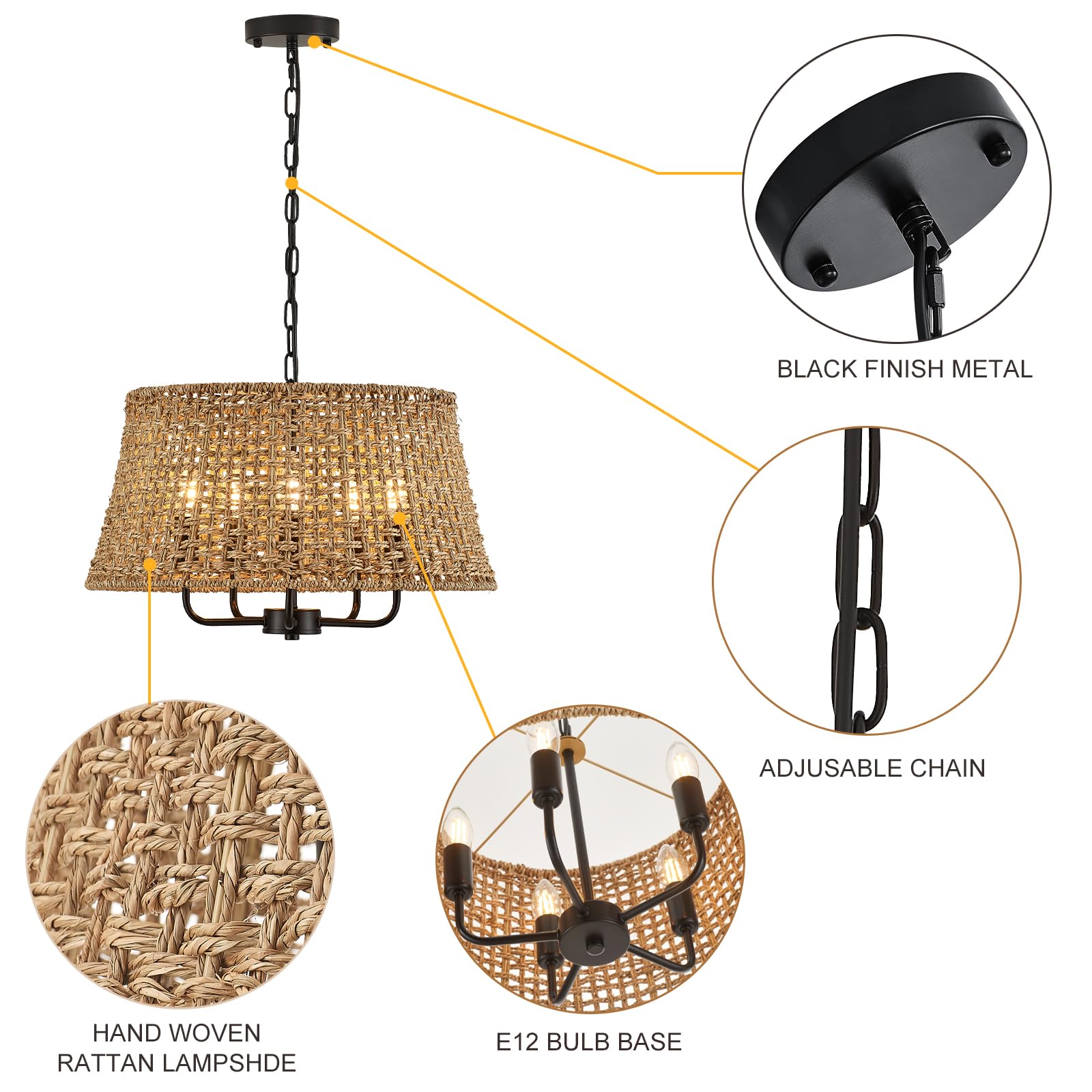 Yomecoo Hand-Woven Rattan Chandelier Vintage Farmhouse Boho Bamboo Light Fixture Mini Retro Drum Wicker Rattan Black Chandelier