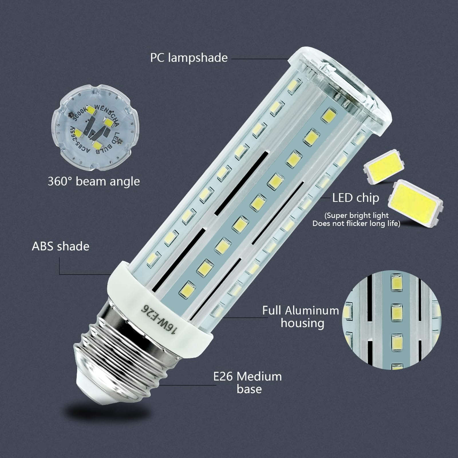 Wenscha LED Corn Light Bulb 100W Equivalent, 1600 Lumen, 6000K Daylight White, E26 Base, Pack of 4, ABS Plastic, Indoor Lighting