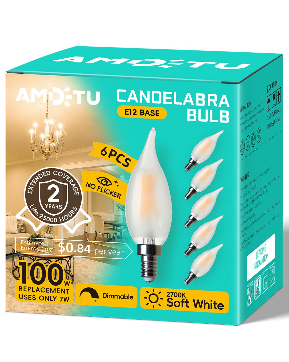 E12 100W Equivalent Frosted Led Candelabra Bulb Ca10, Dimmable Small Base For Chandeliers, Ideal For Living Rooms, Dining Areas,
