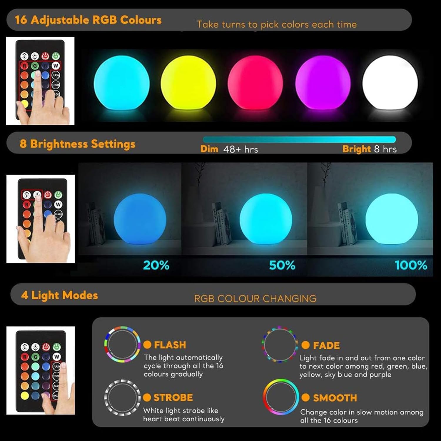 COPU 16-Inch LED Glowing Ball Light - Rechargeable RGB Color Changing Globe, Waterproof Outdoor Mood Lamp for Garden & Patio Decor