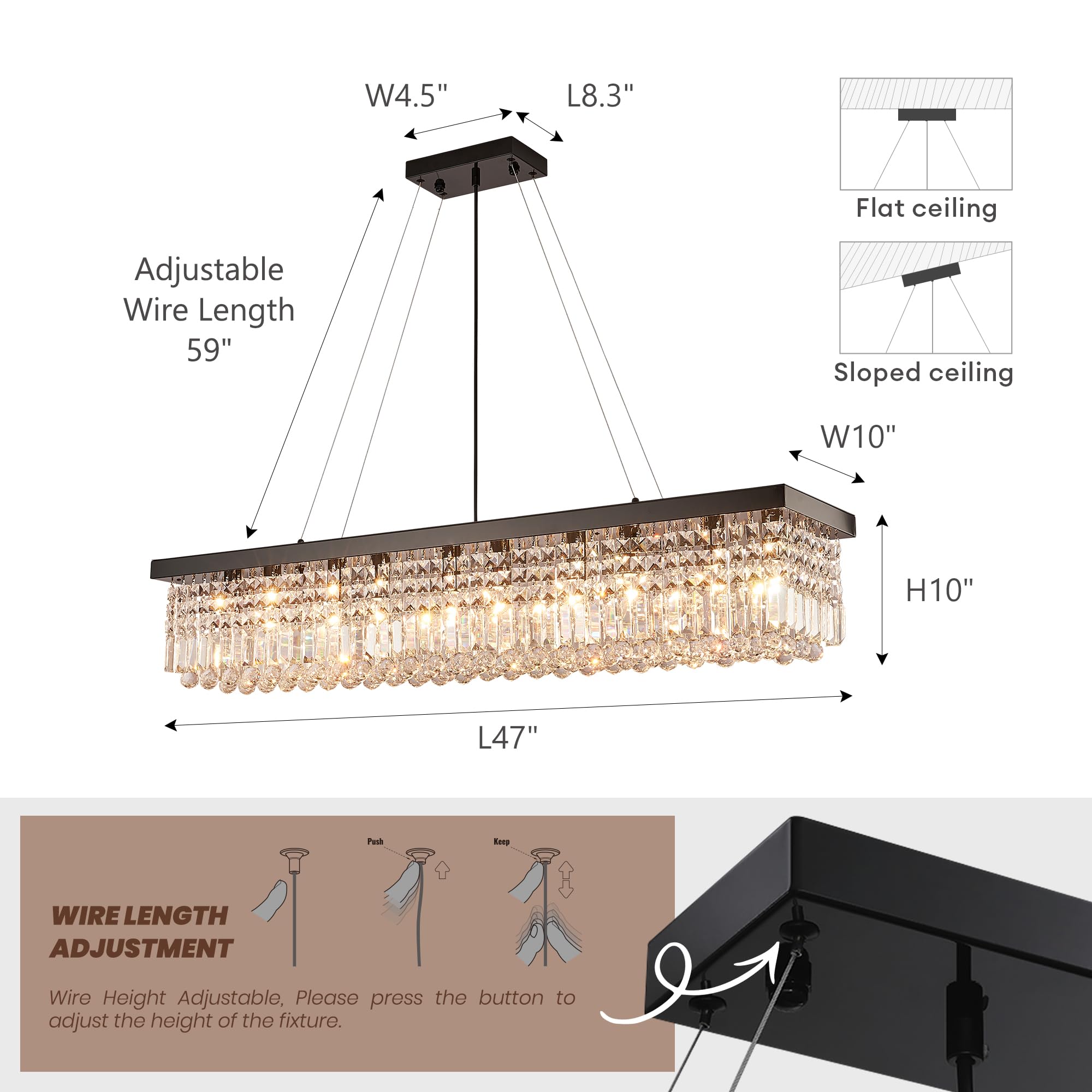 Tinkoso Modern Crystal Chandelier For Dining Room,10-Light Black Rectangle Pendant Ceiling Light Fixture For Kitchen Island Bar,