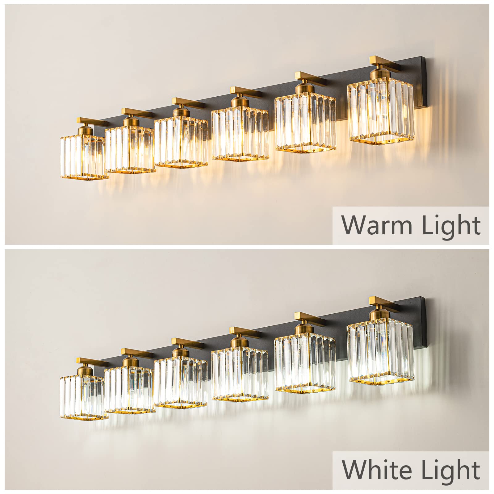 FDPBY Modern Bathroom Vanity Light 6-Light Black Gold Crystal 44.09-inch JW-002